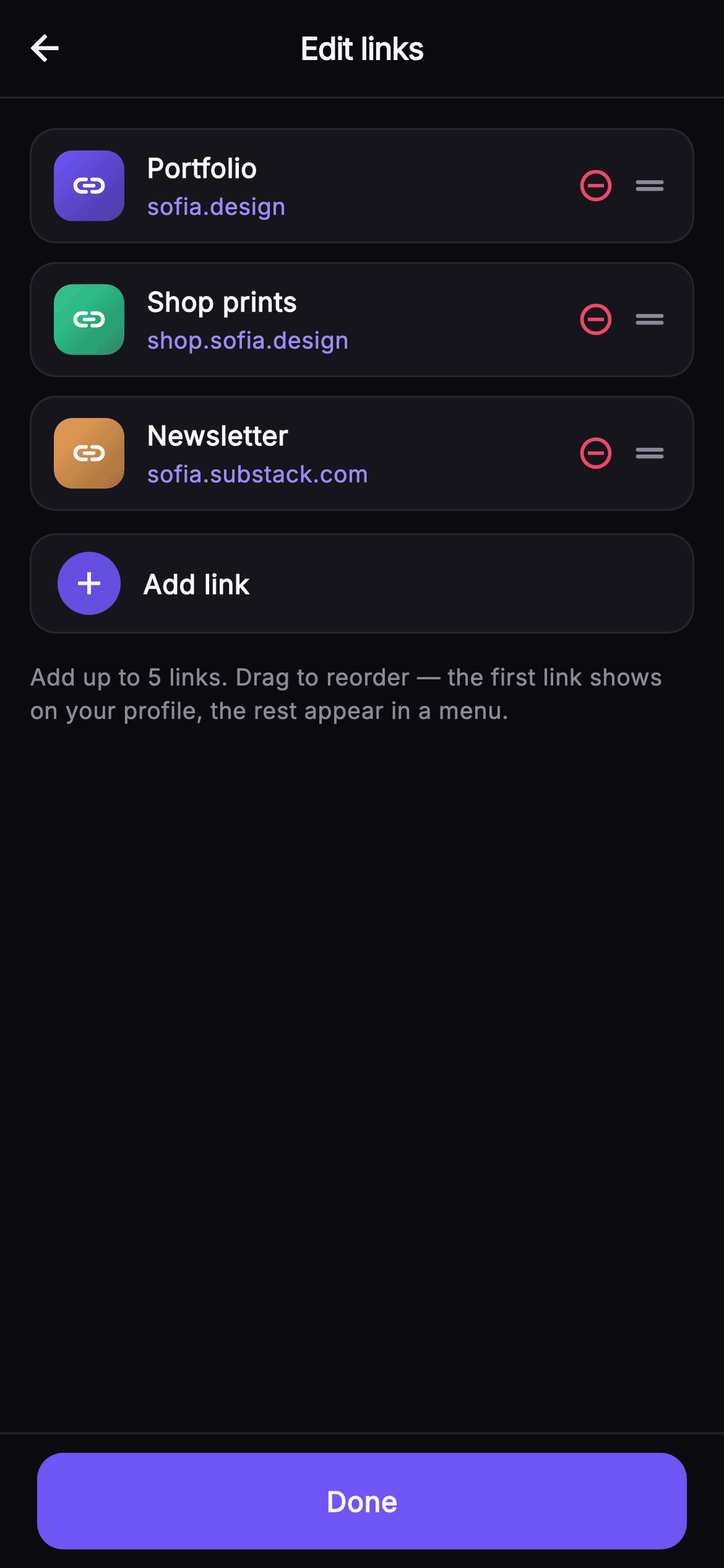 Pulse · Edit Links — Social Flutter screen