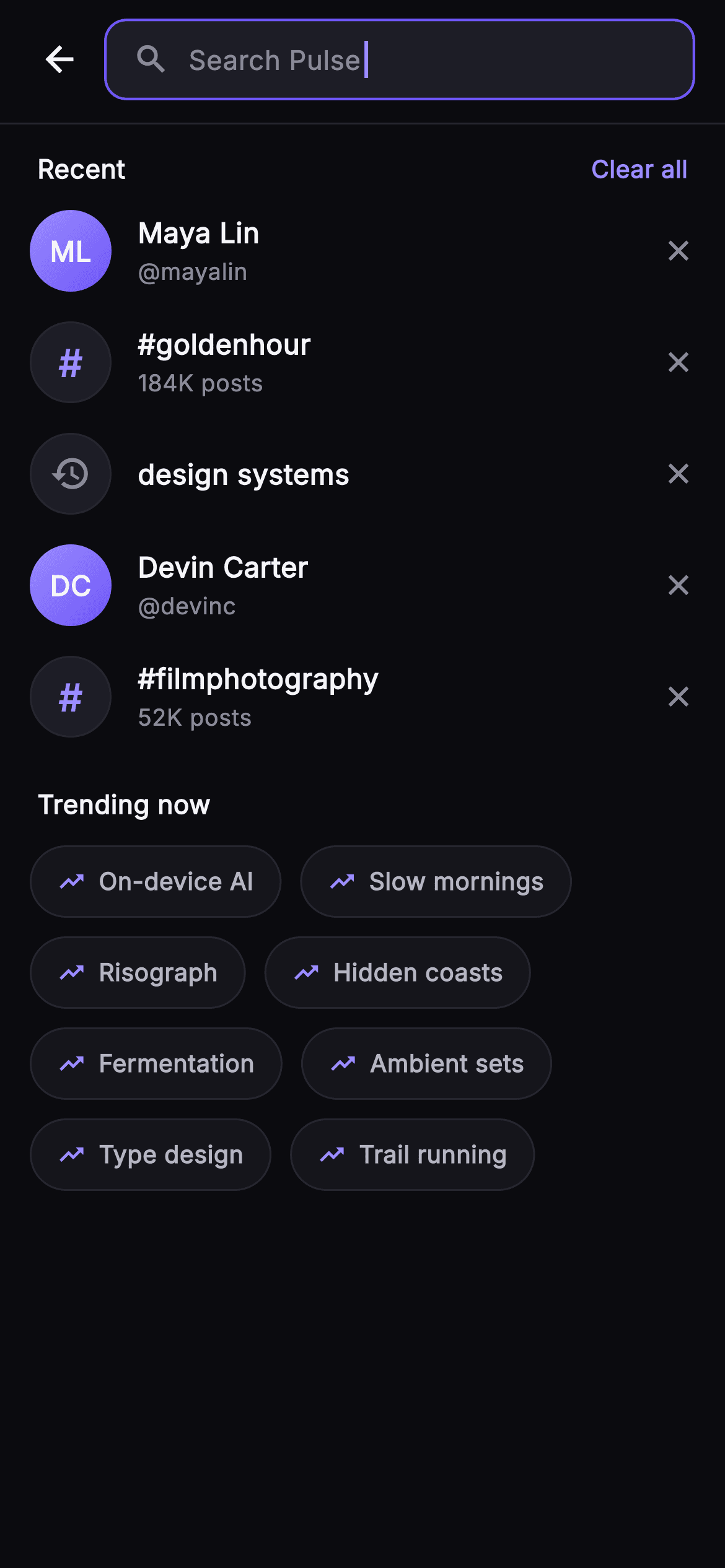 Pulse · Search — Social Flutter screen
