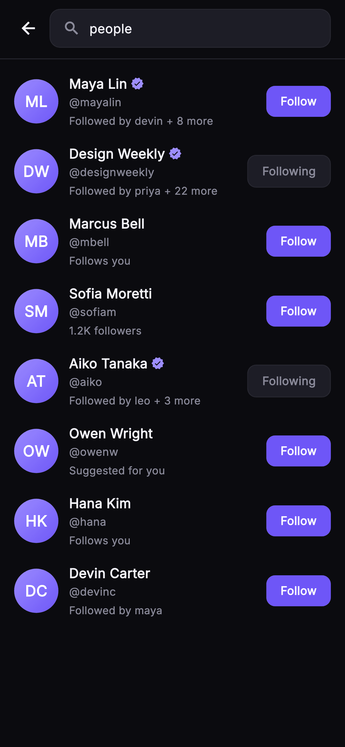 Pulse · People Results — Social Flutter screen