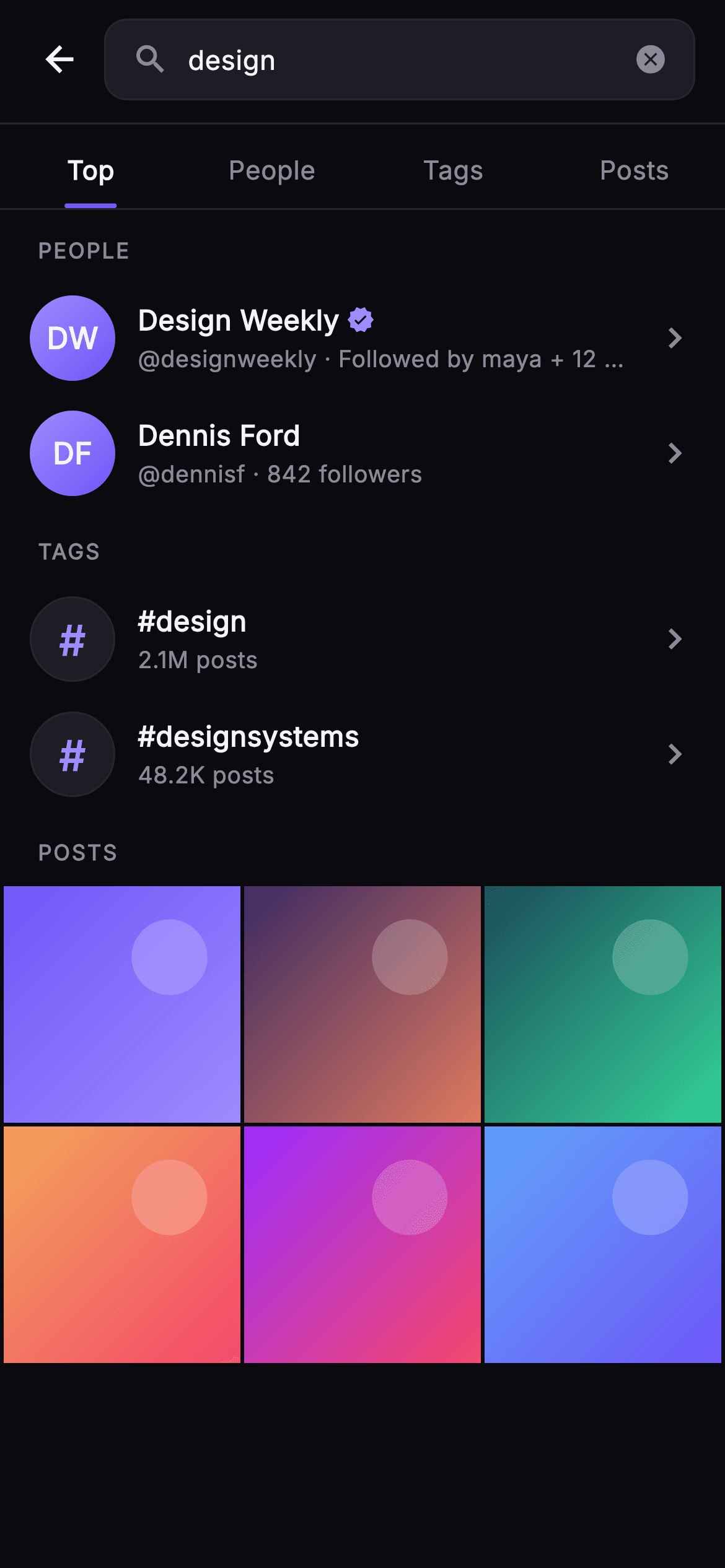 Pulse · Search Results — Social Flutter screen