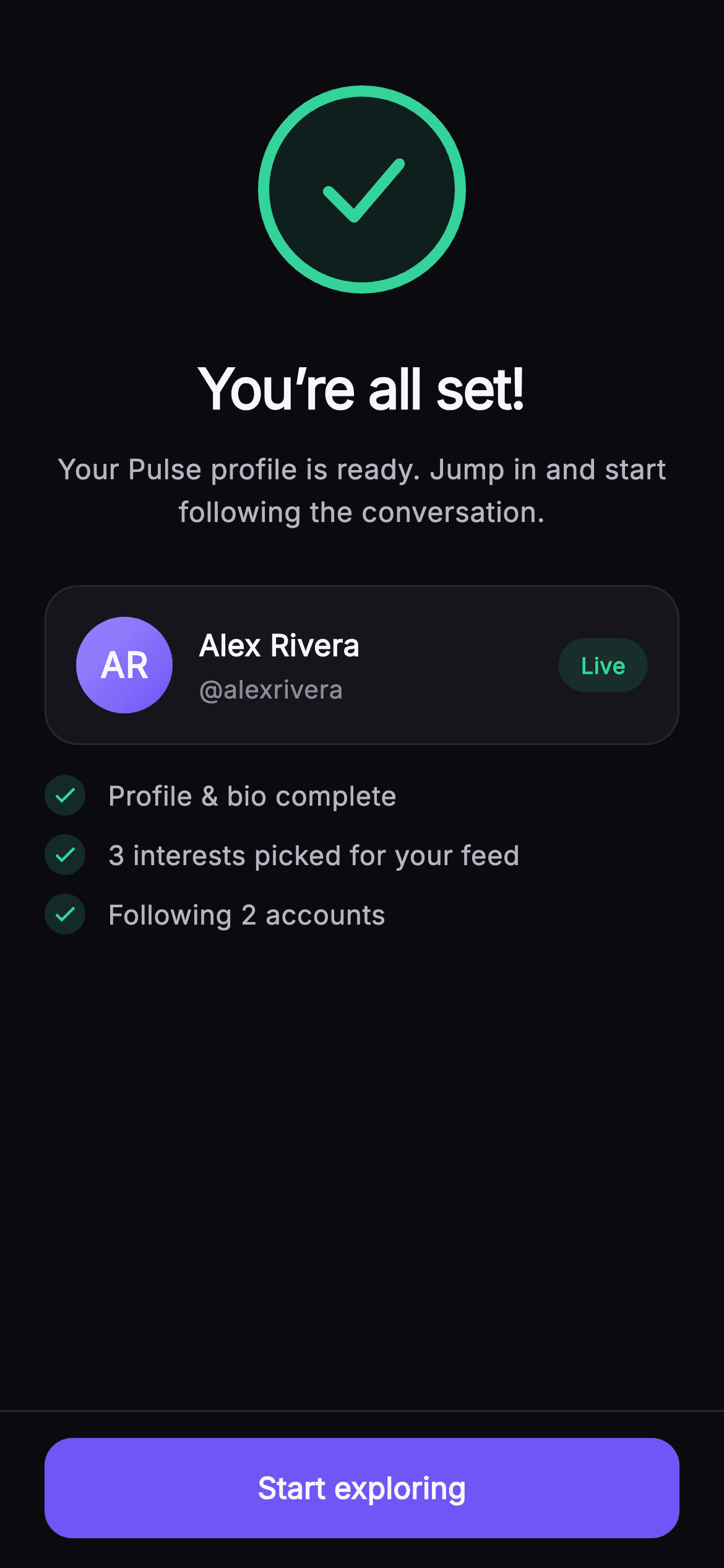 Pulse · All Set — Social Flutter screen