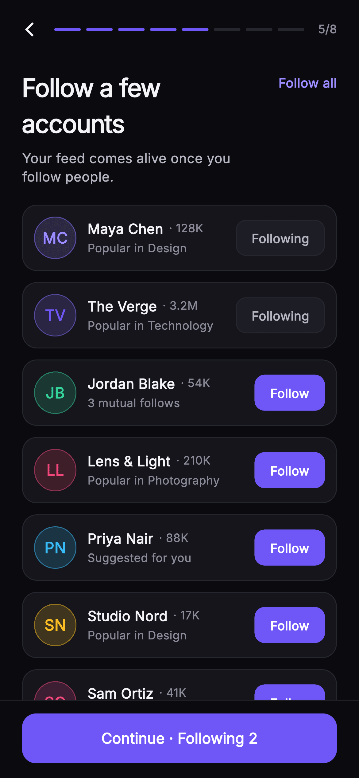 Pulse · Suggested Follows — Social Flutter screen
