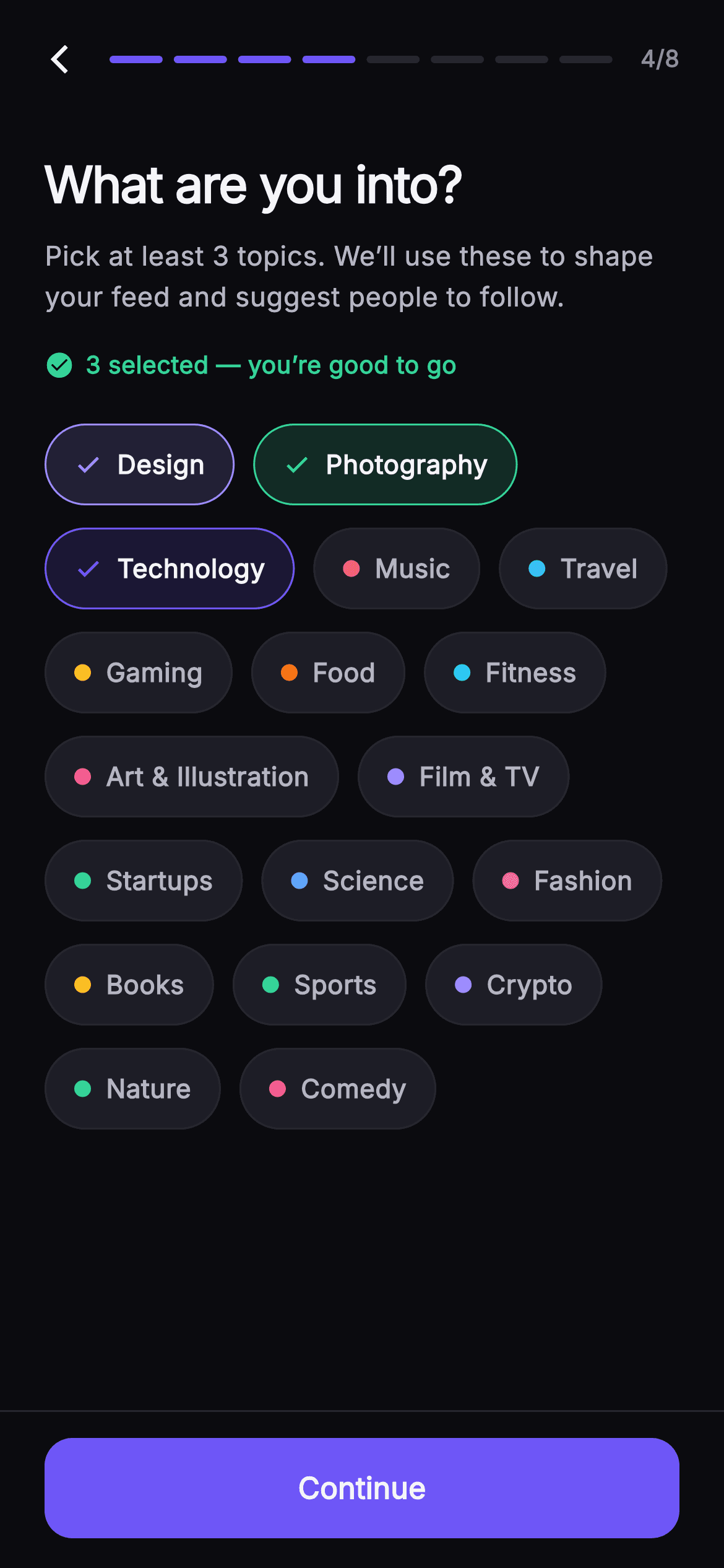 Pulse · Pick Interests — Social Flutter screen