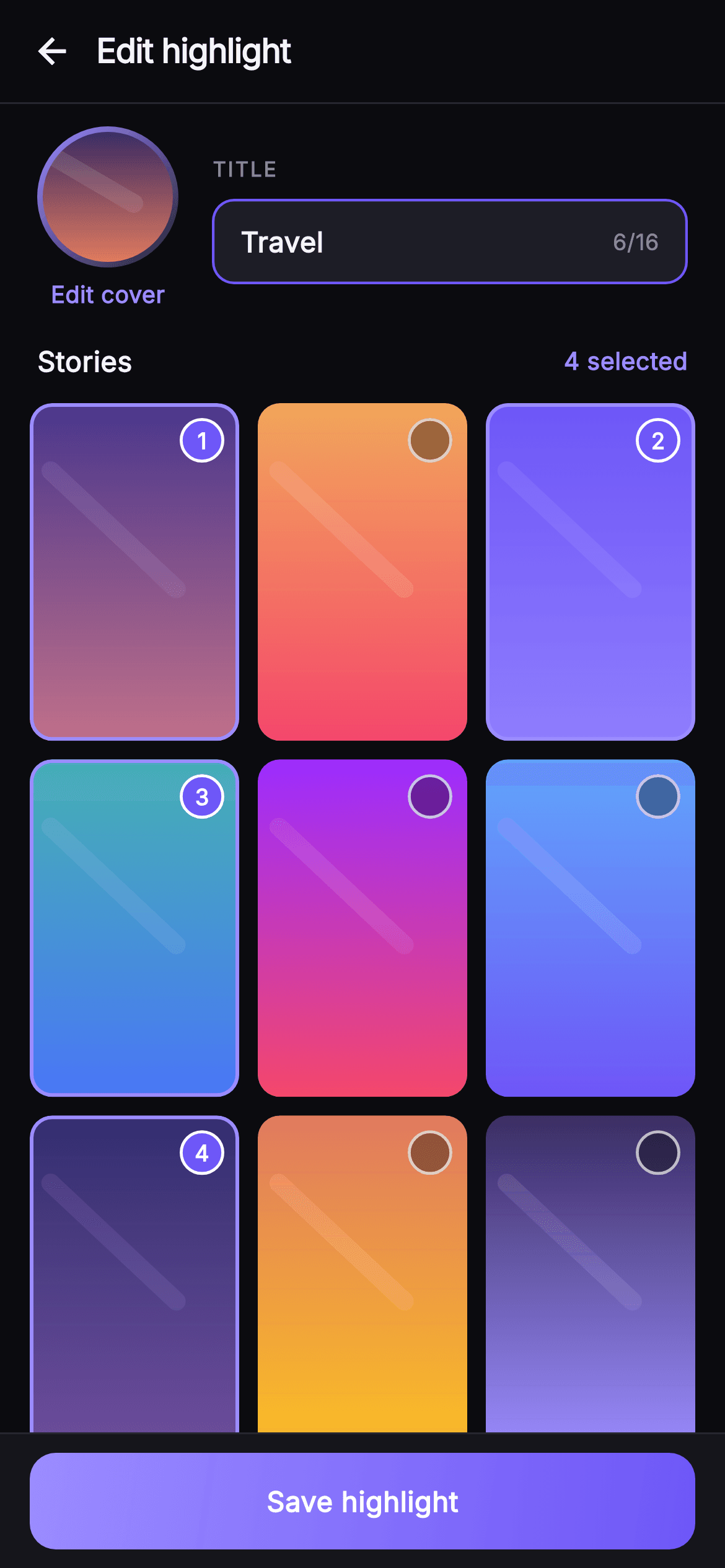 Pulse · Edit Highlight — Social Flutter screen
