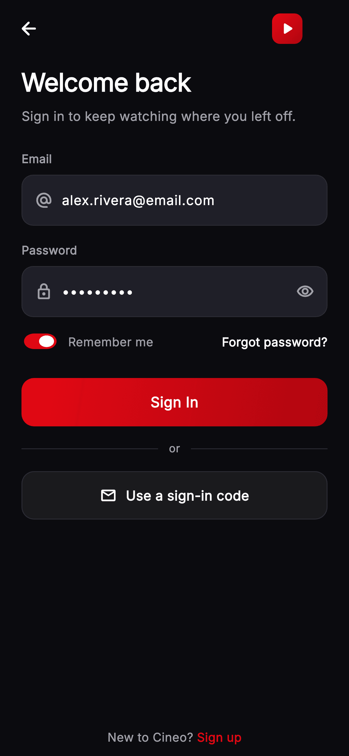 Cineo · Sign In — Streaming Flutter UI screen