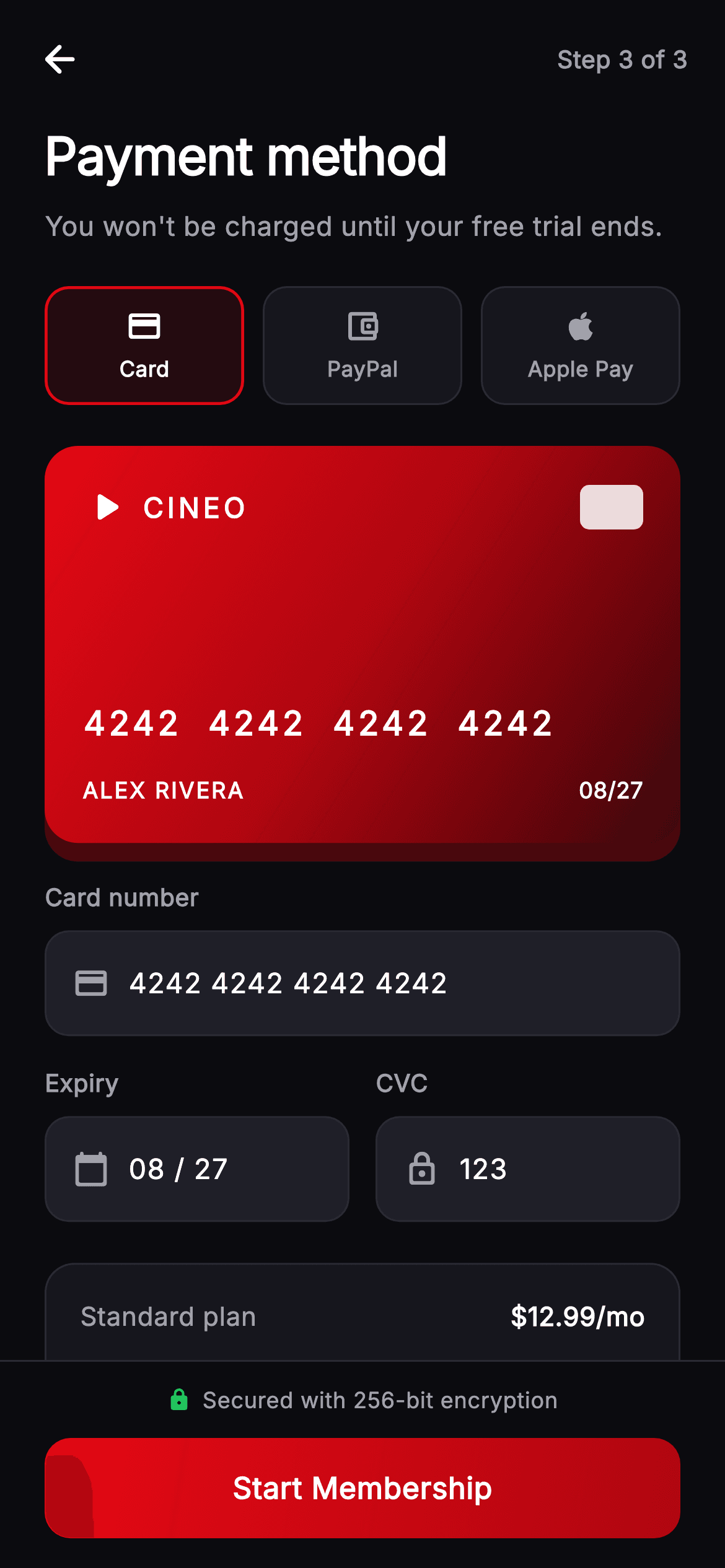 Cineo · Payment Method — Streaming Flutter UI screen