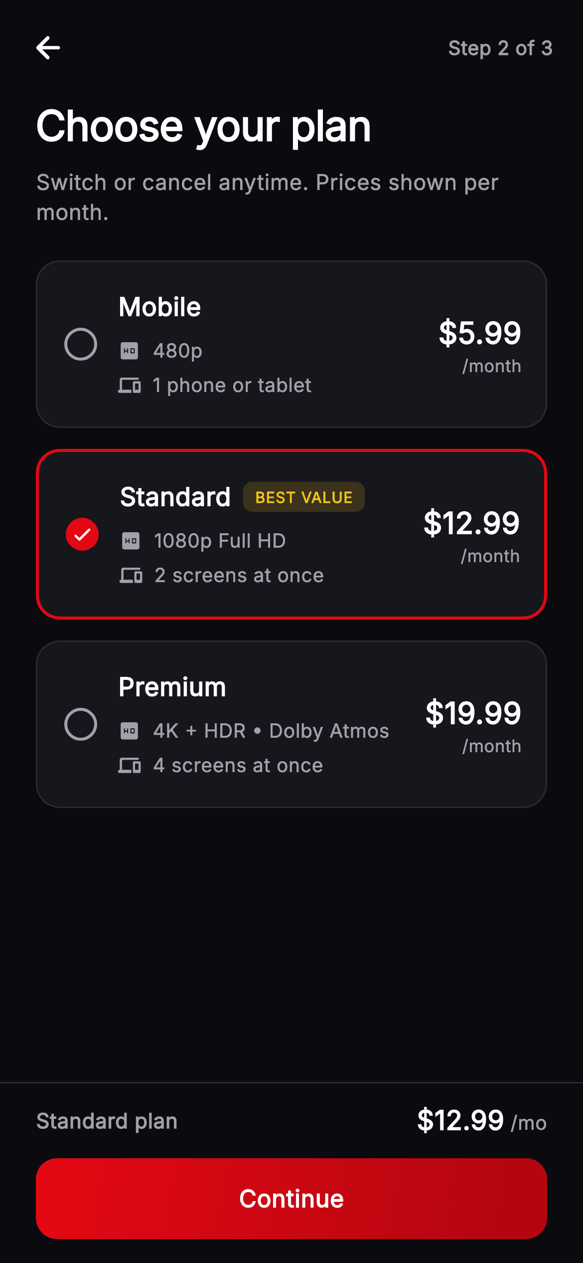 Cineo · Choose Your Plan — Streaming Flutter UI screen