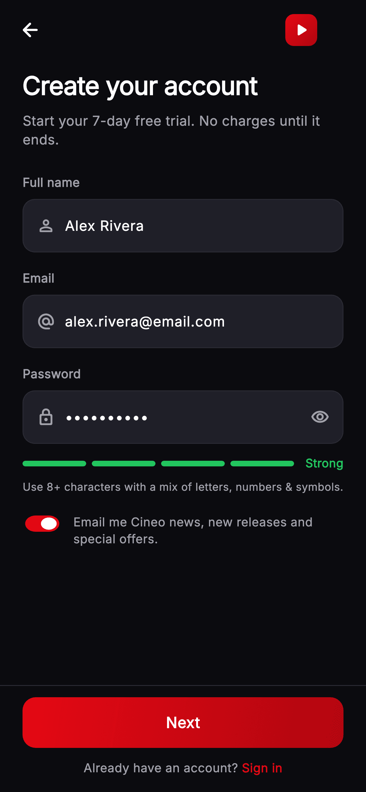 Cineo · Create Account — Streaming Flutter UI screen