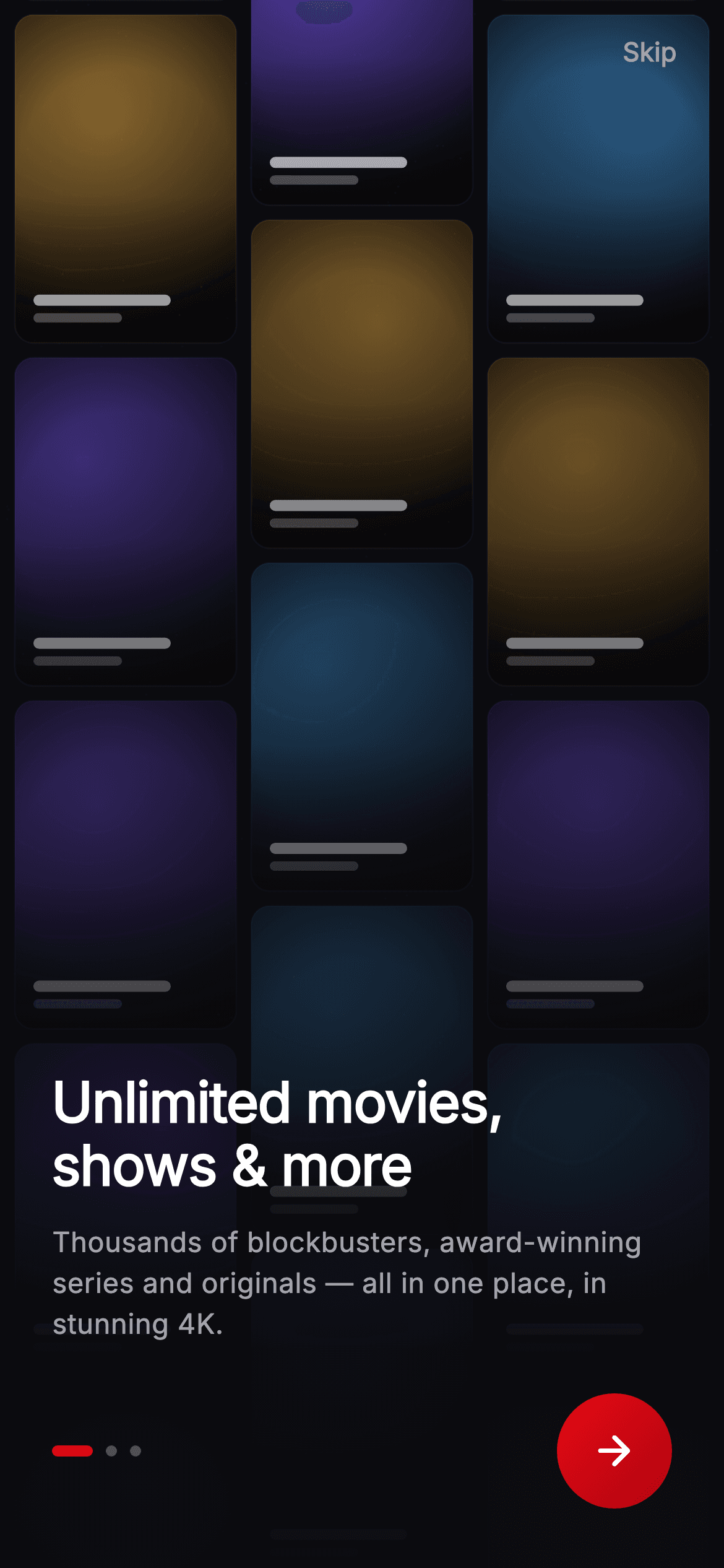 Cineo · Onboarding — Unlimited — Streaming Flutter UI screen