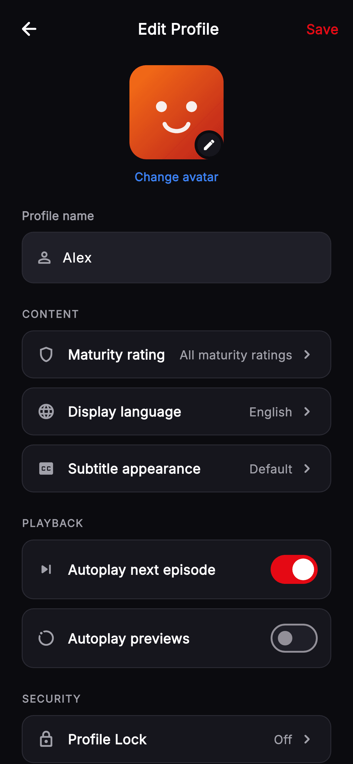Cineo · Edit Profile — Streaming Flutter UI screen
