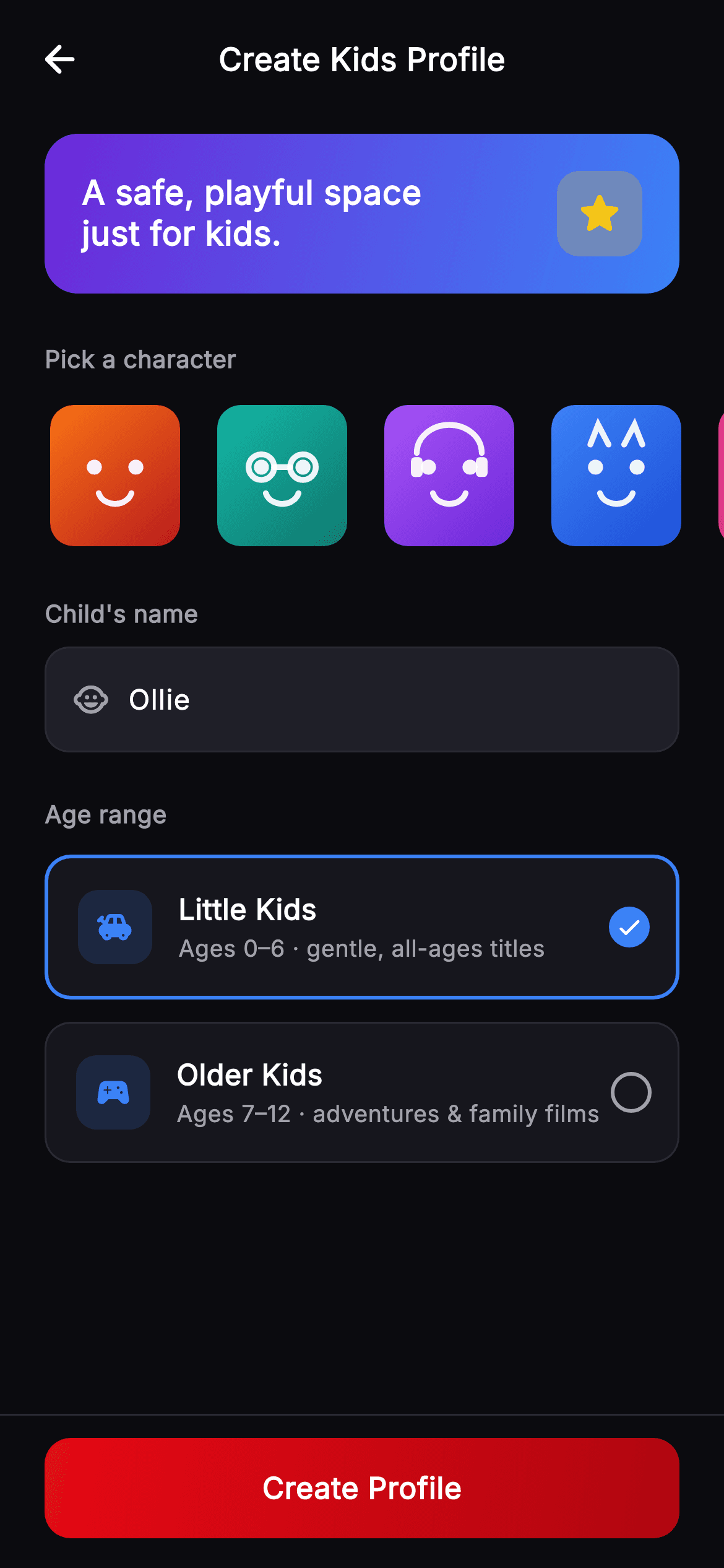 Cineo · Create Kids Profile — Streaming Flutter UI screen