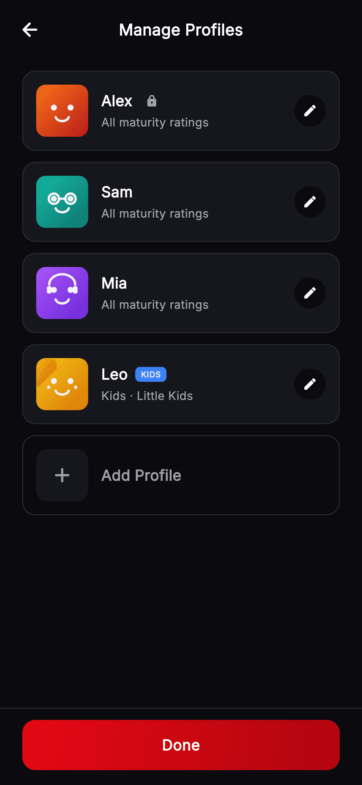 Cineo · Manage Profiles — Streaming Flutter UI screen