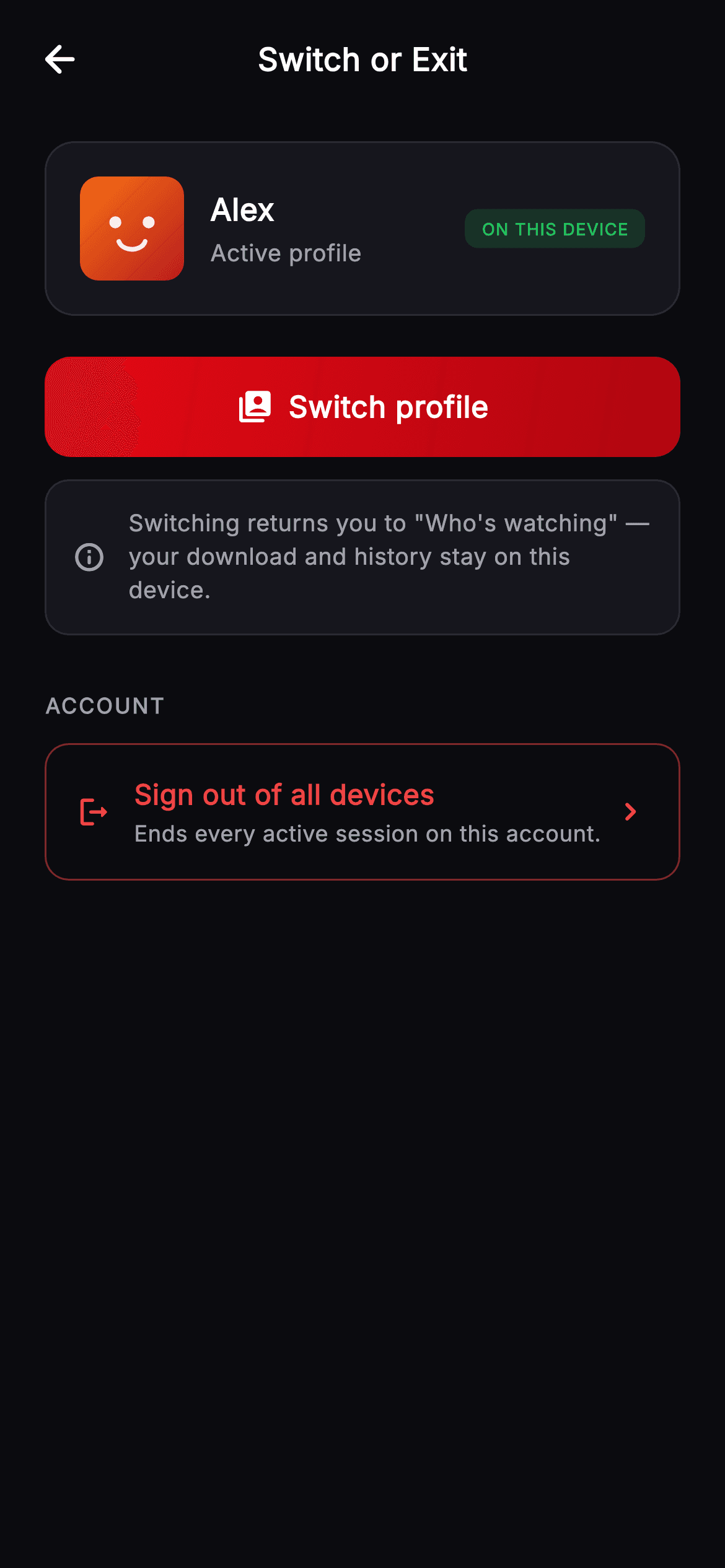Cineo · Switch or Exit — Streaming Flutter UI screen