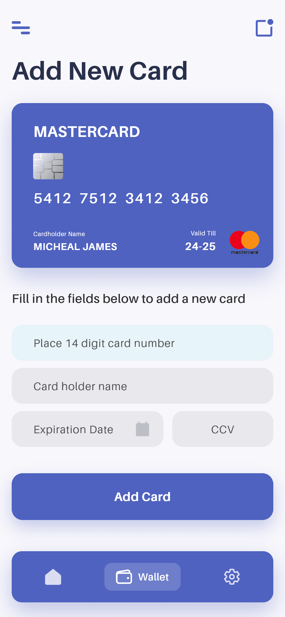 Wallet · Add Card — Finance Flutter UI screen