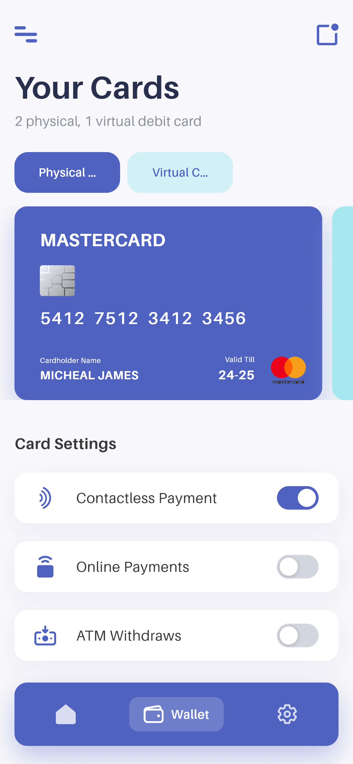 Wallet · Your Cards — Finance Flutter UI screen