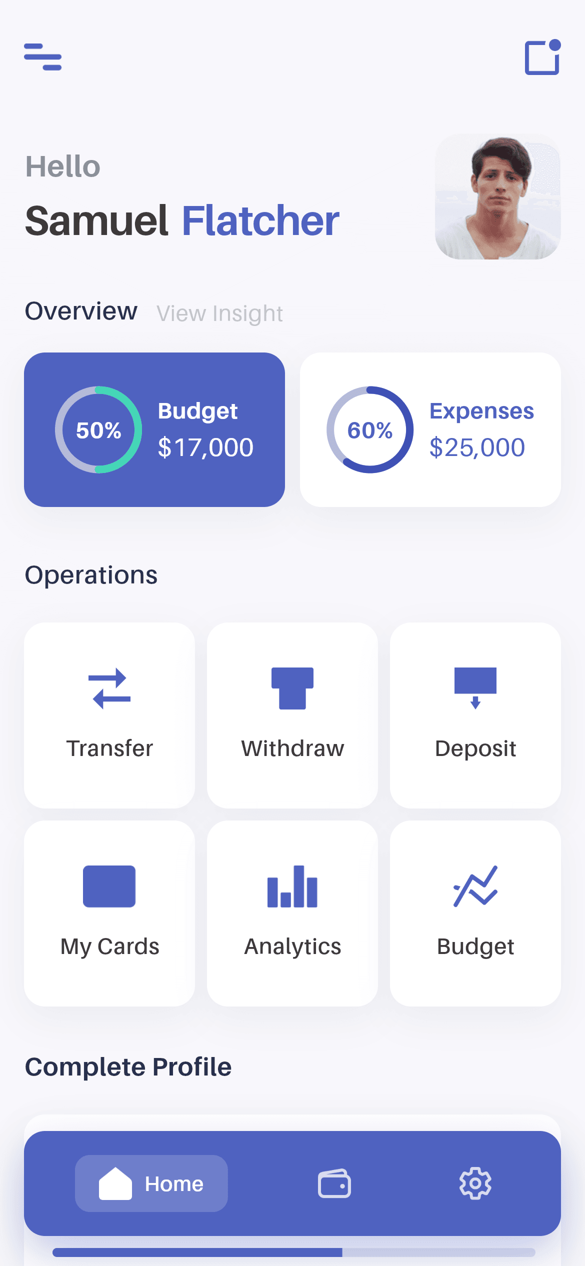 Wallet · Home — Finance Flutter UI screen