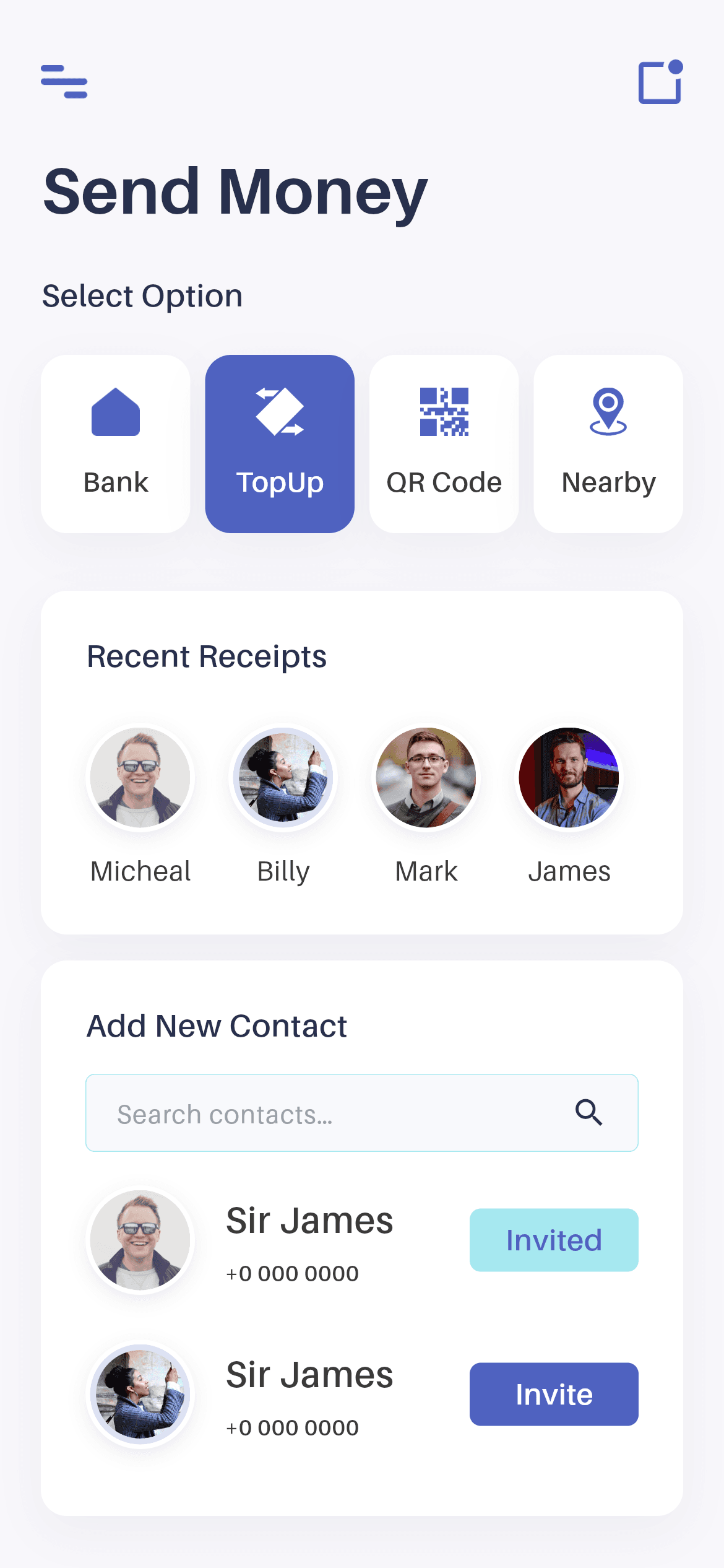 Wallet · Send Money — Finance Flutter UI screen
