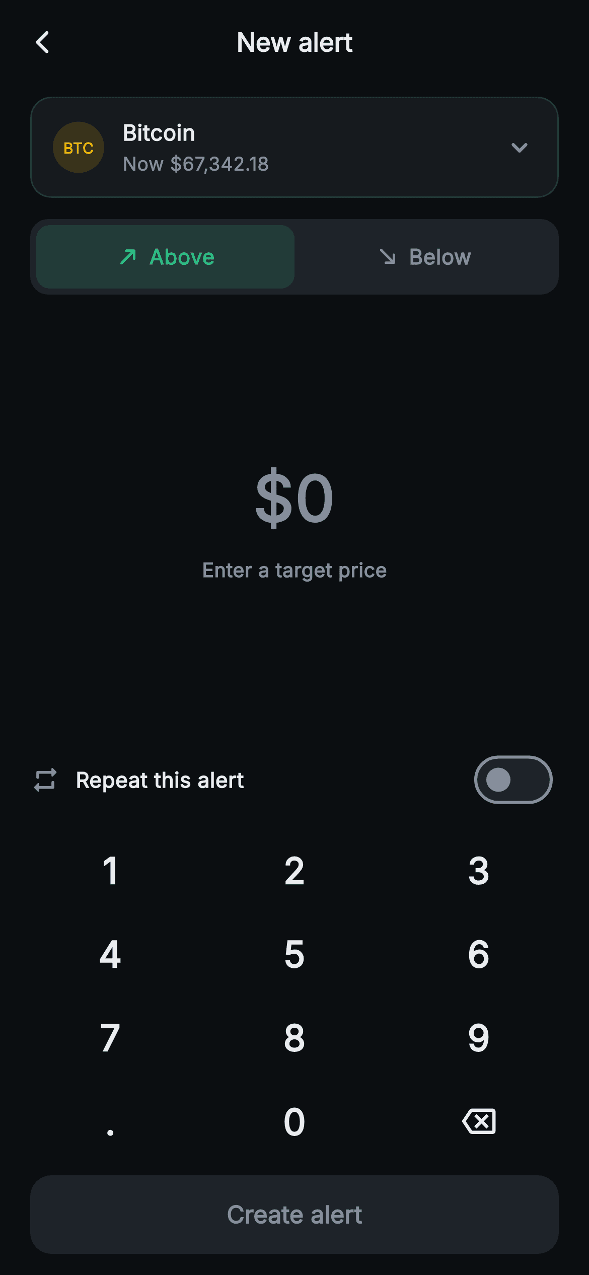 Aurum · Create Alert — Web3 Flutter screen