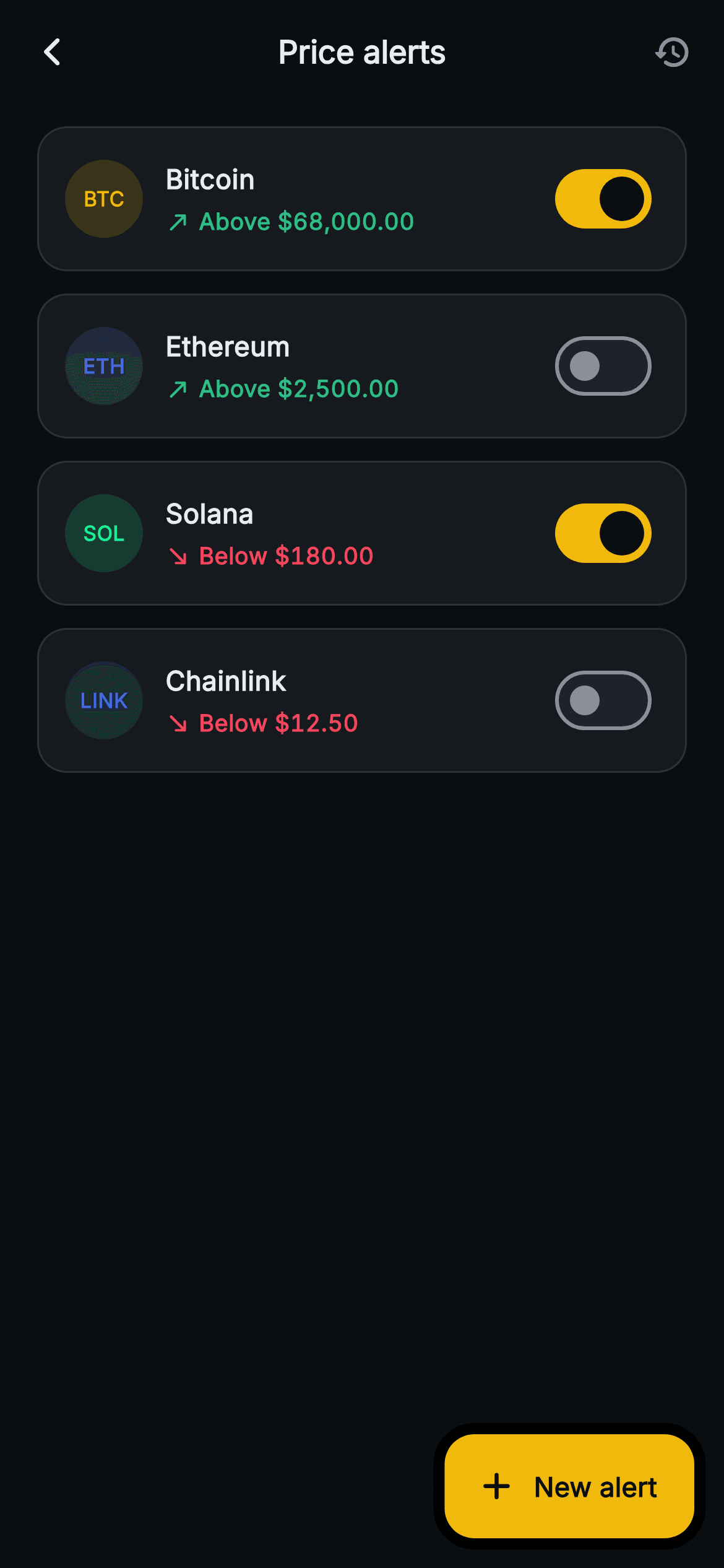 Aurum · Price Alerts — Web3 Flutter screen