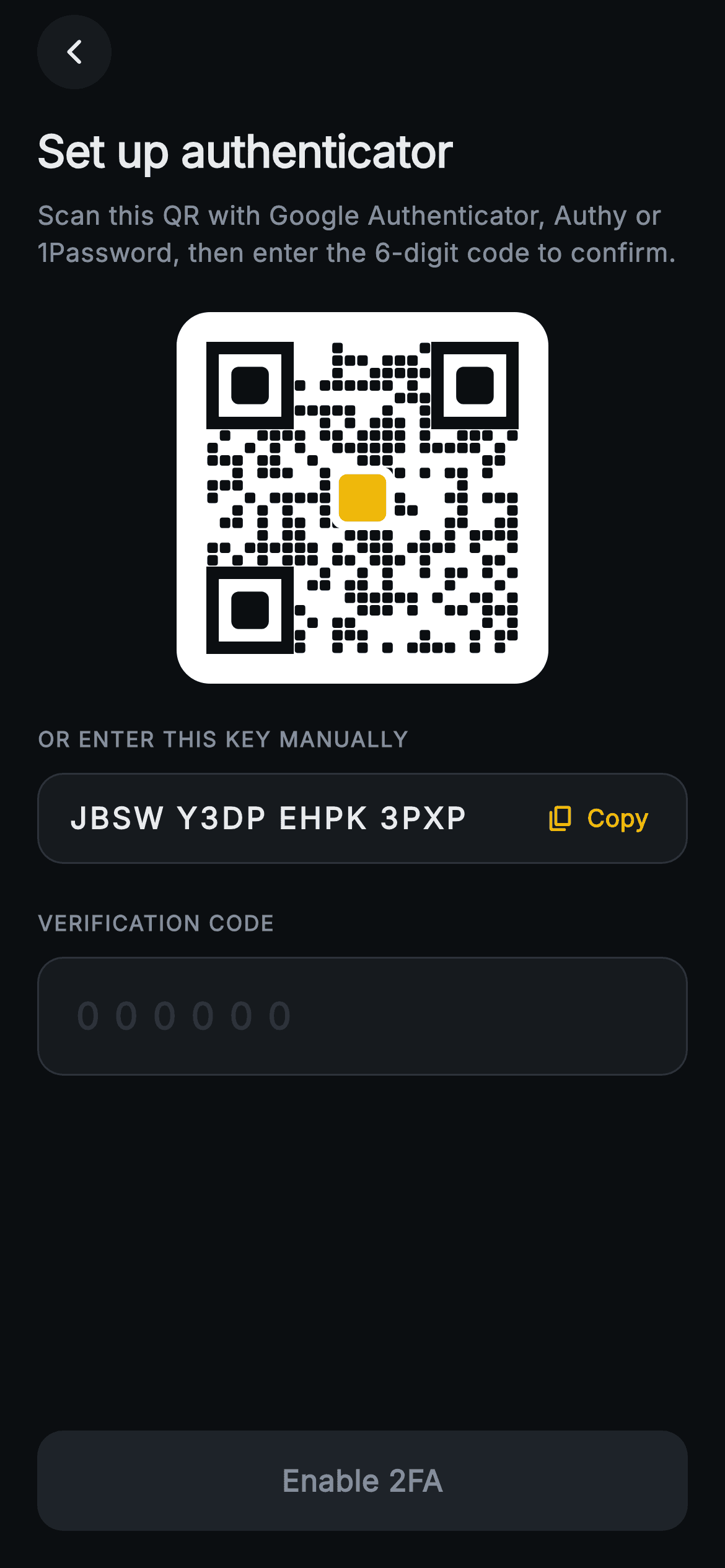 Aurum · Set Up 2FA — Web3 Flutter screen