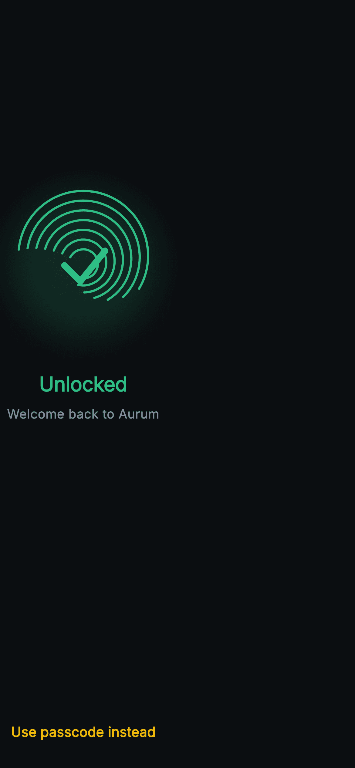 Aurum · Biometric Unlock — Web3 Flutter screen