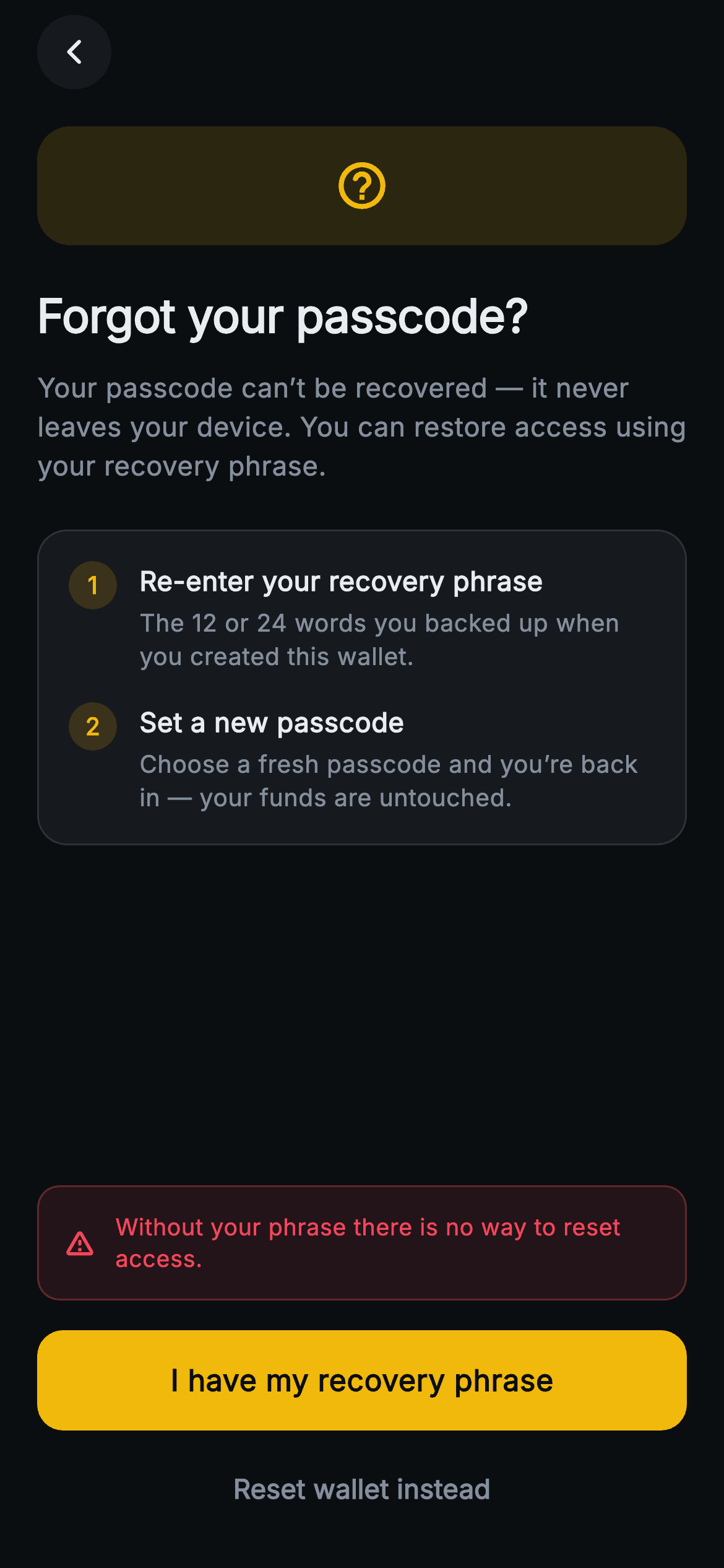 Aurum · Forgot Passcode — Web3 Flutter screen