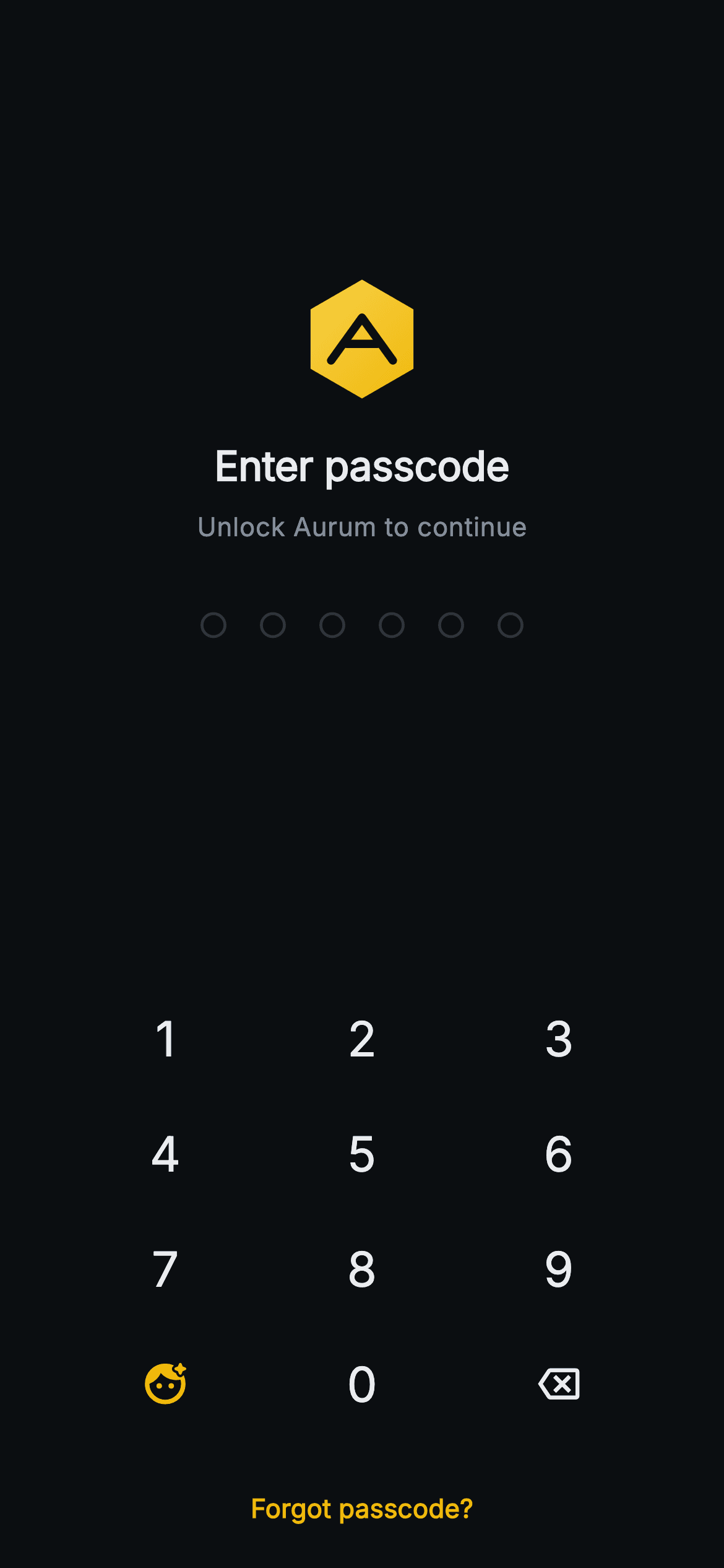 Aurum · Lock Screen — Web3 Flutter screen