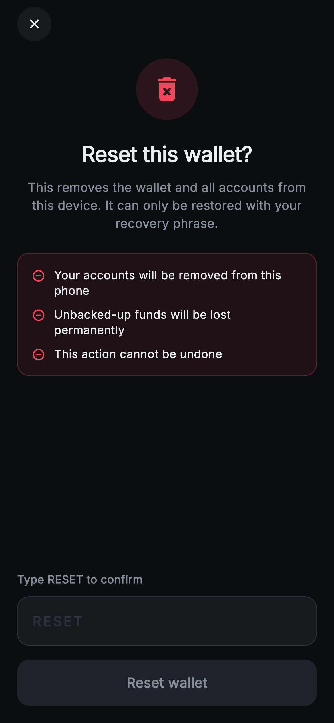 Aurum · Reset Wallet — Web3 Flutter screen
