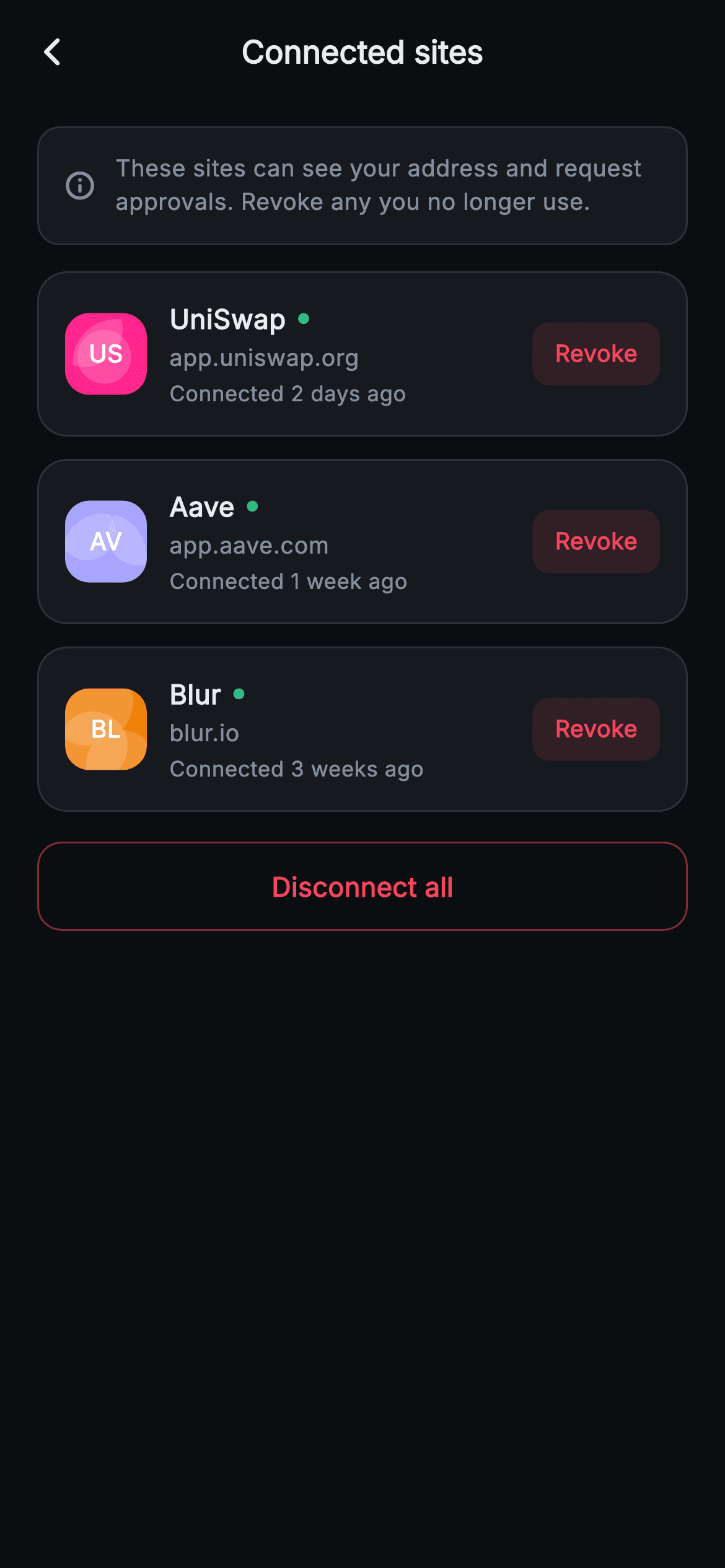 Aurum · Connected Sites — Web3 Flutter screen