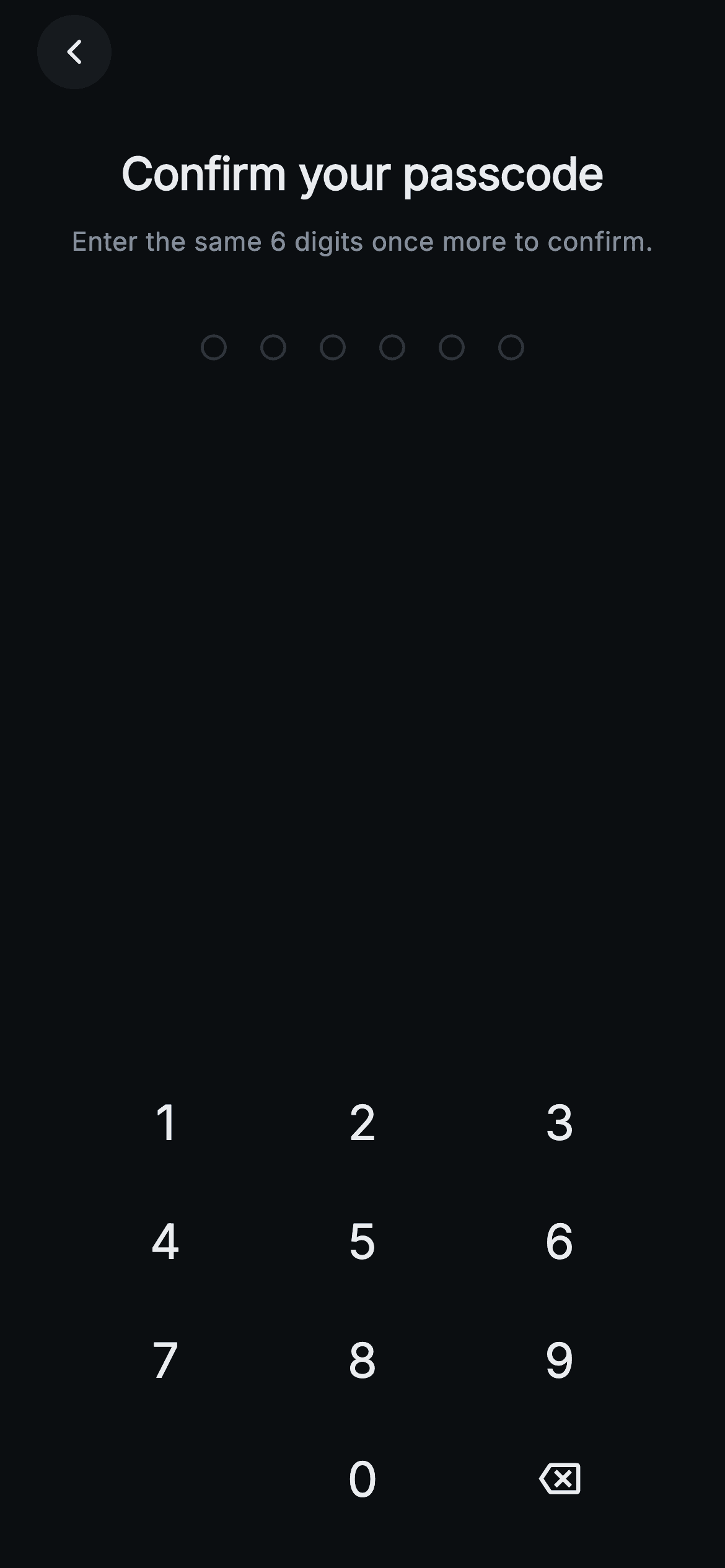 Aurum · Confirm Passcode — Web3 Flutter screen
