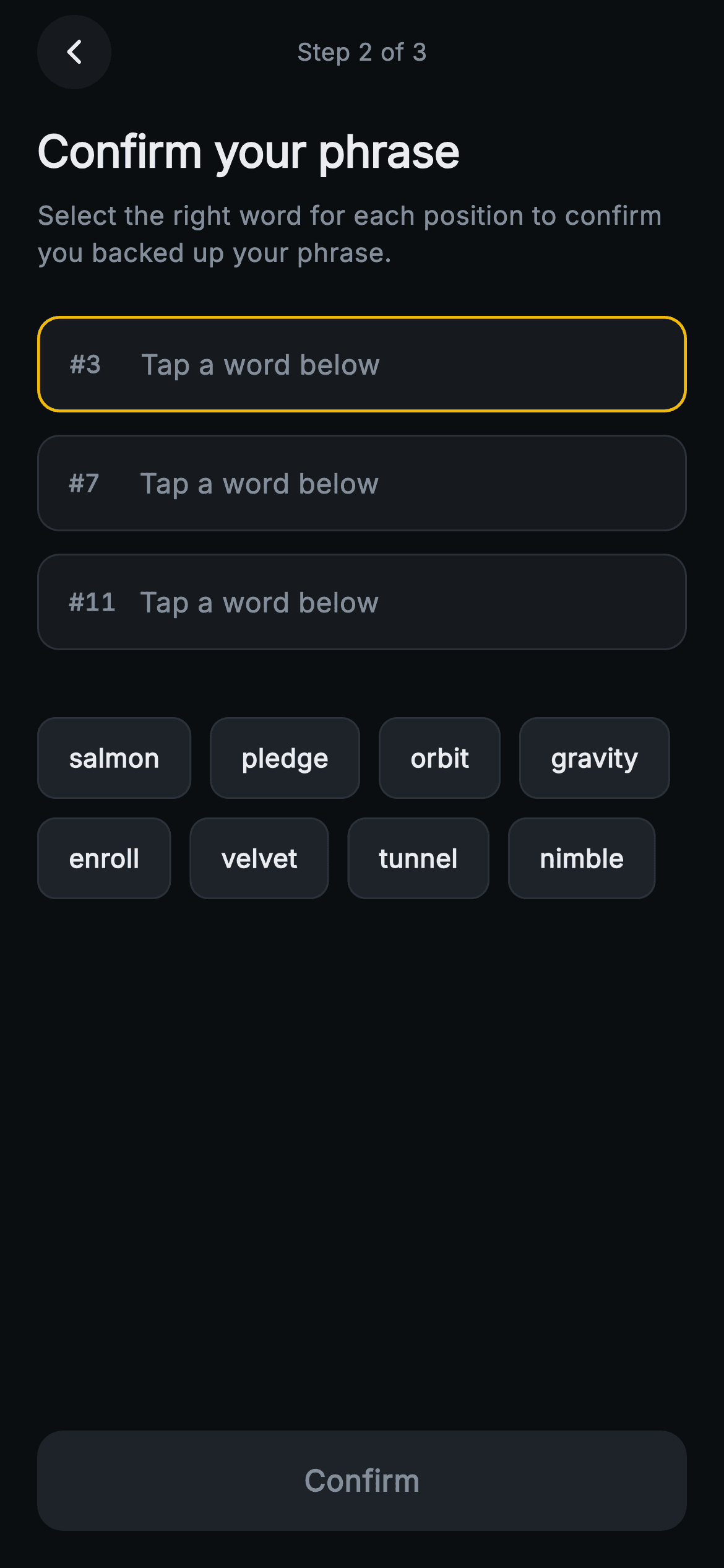 Aurum · Confirm Phrase — Web3 Flutter screen