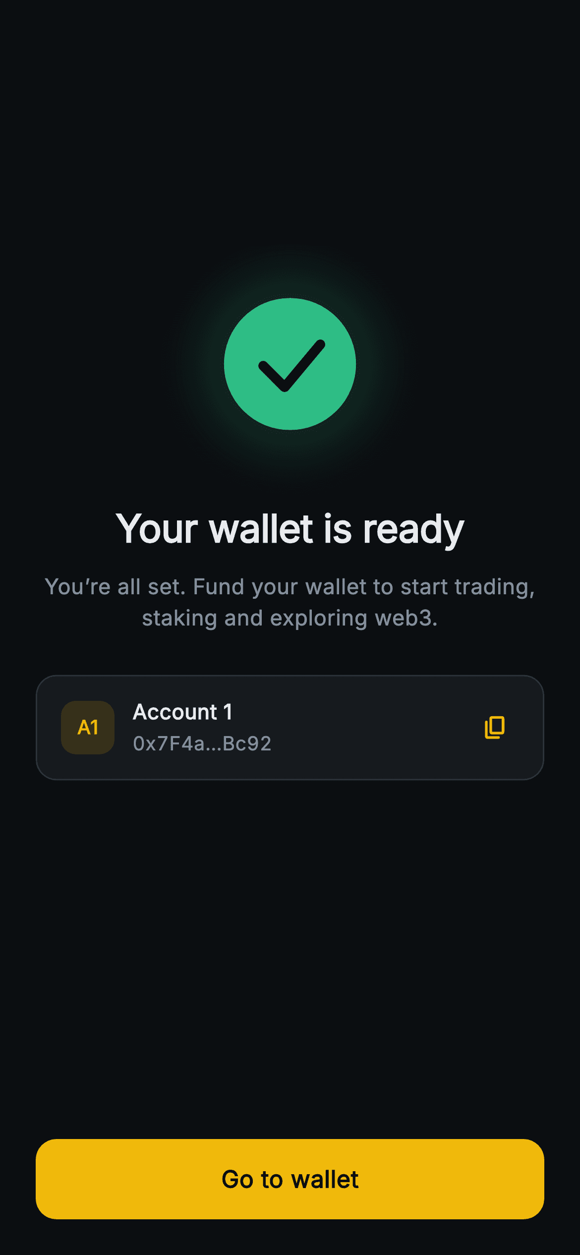 Aurum · Wallet Ready — Web3 Flutter screen