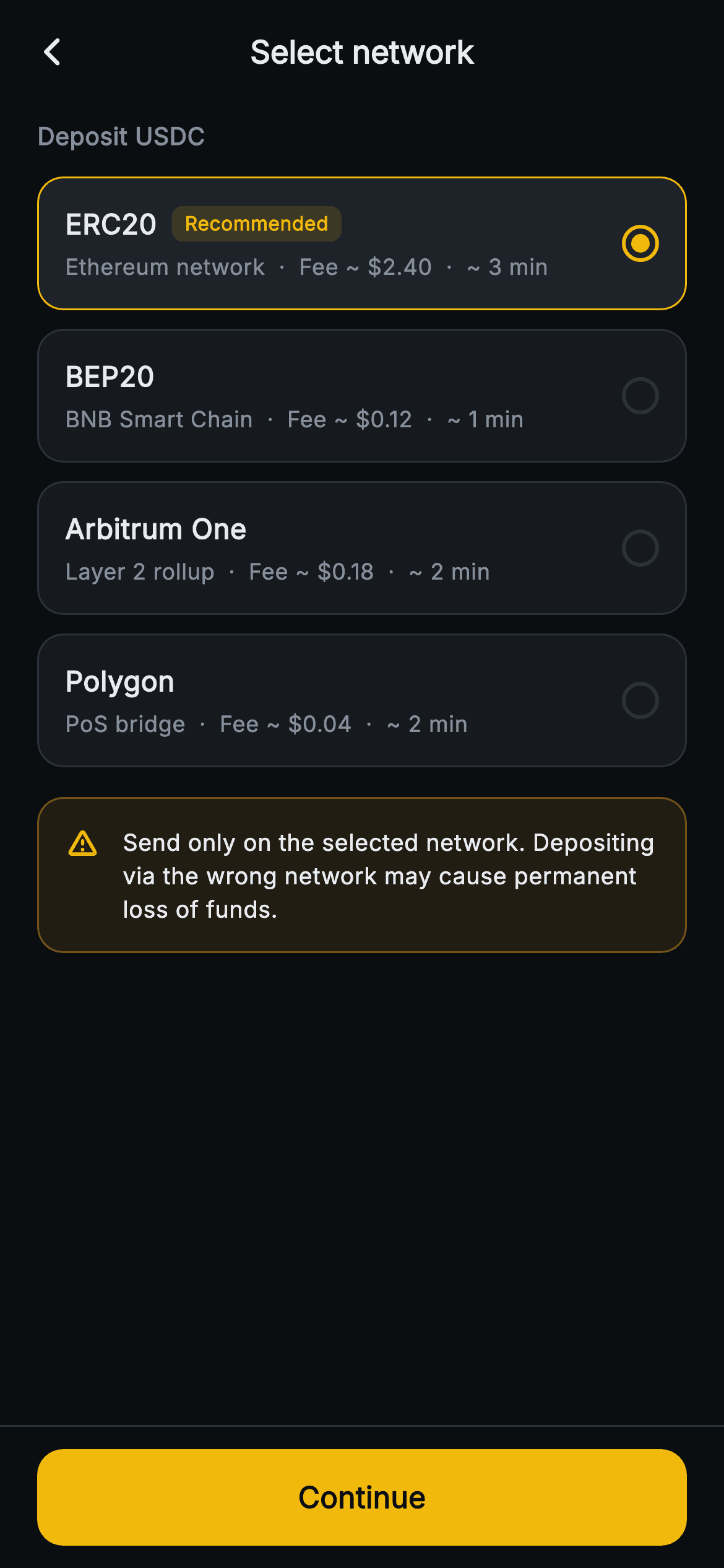 Aurum · Deposit Network — Web3 Flutter screen