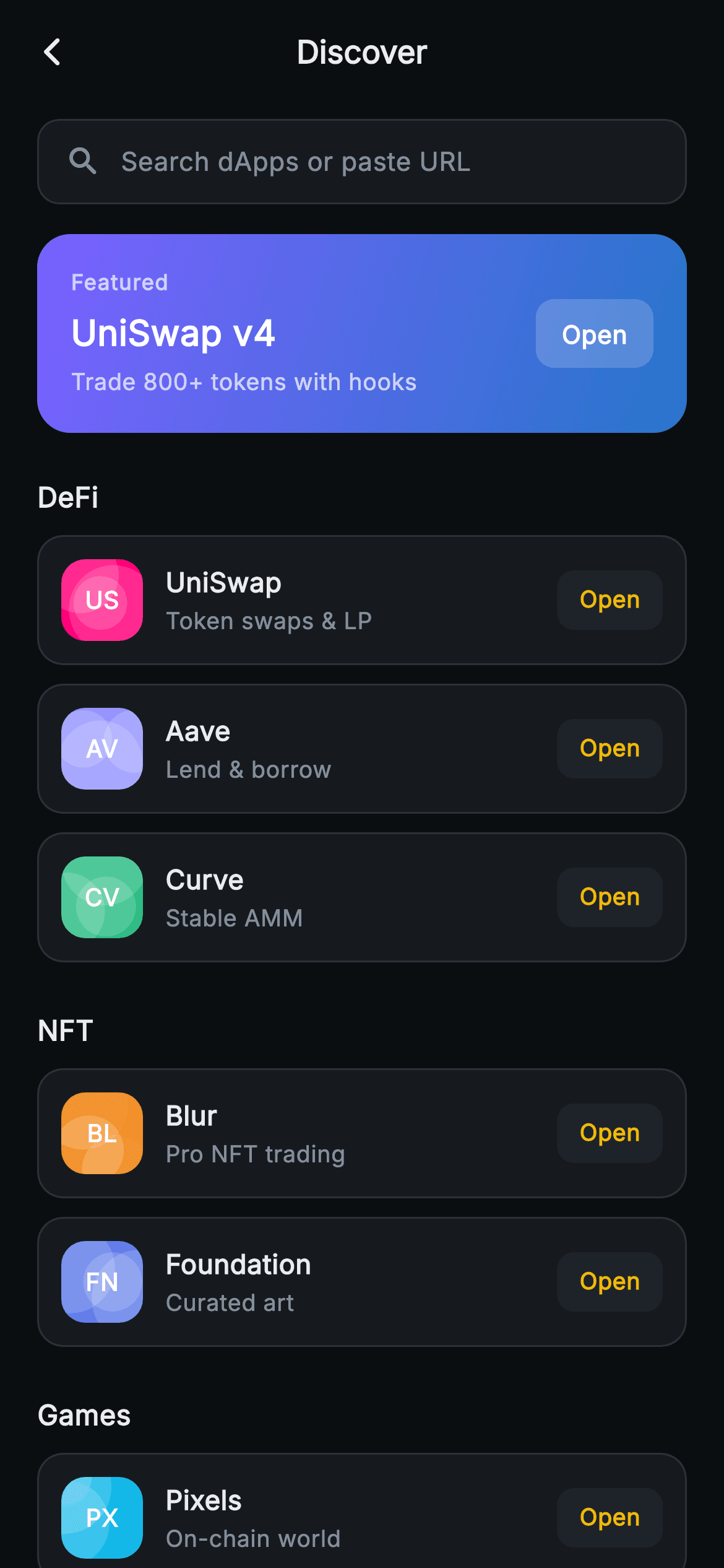 Aurum · Discover dApps — Web3 Flutter screen