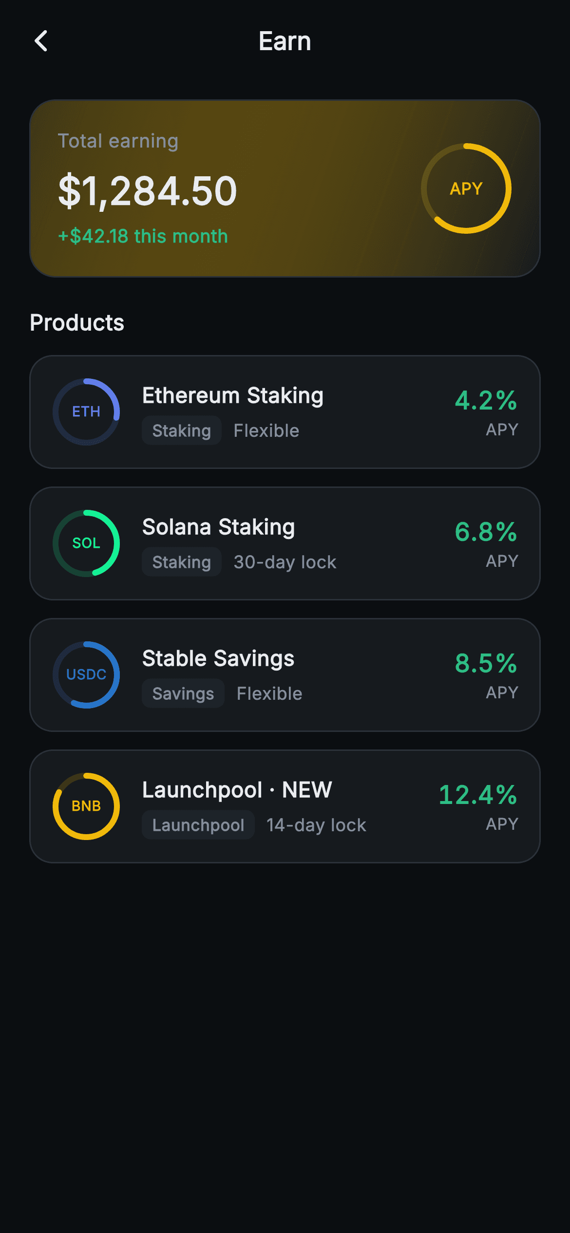Aurum · Earn — Web3 Flutter screen