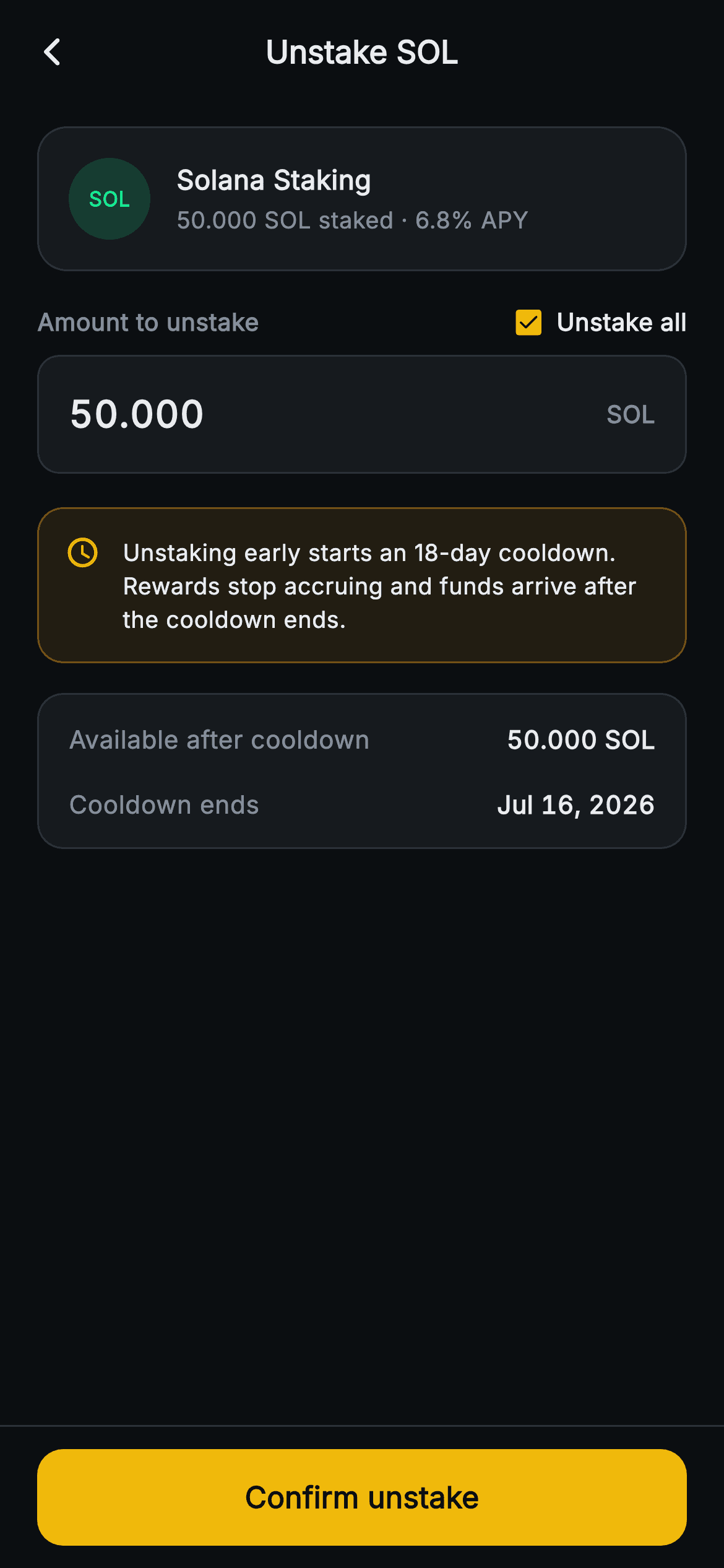 Aurum · Unstake — Web3 Flutter screen