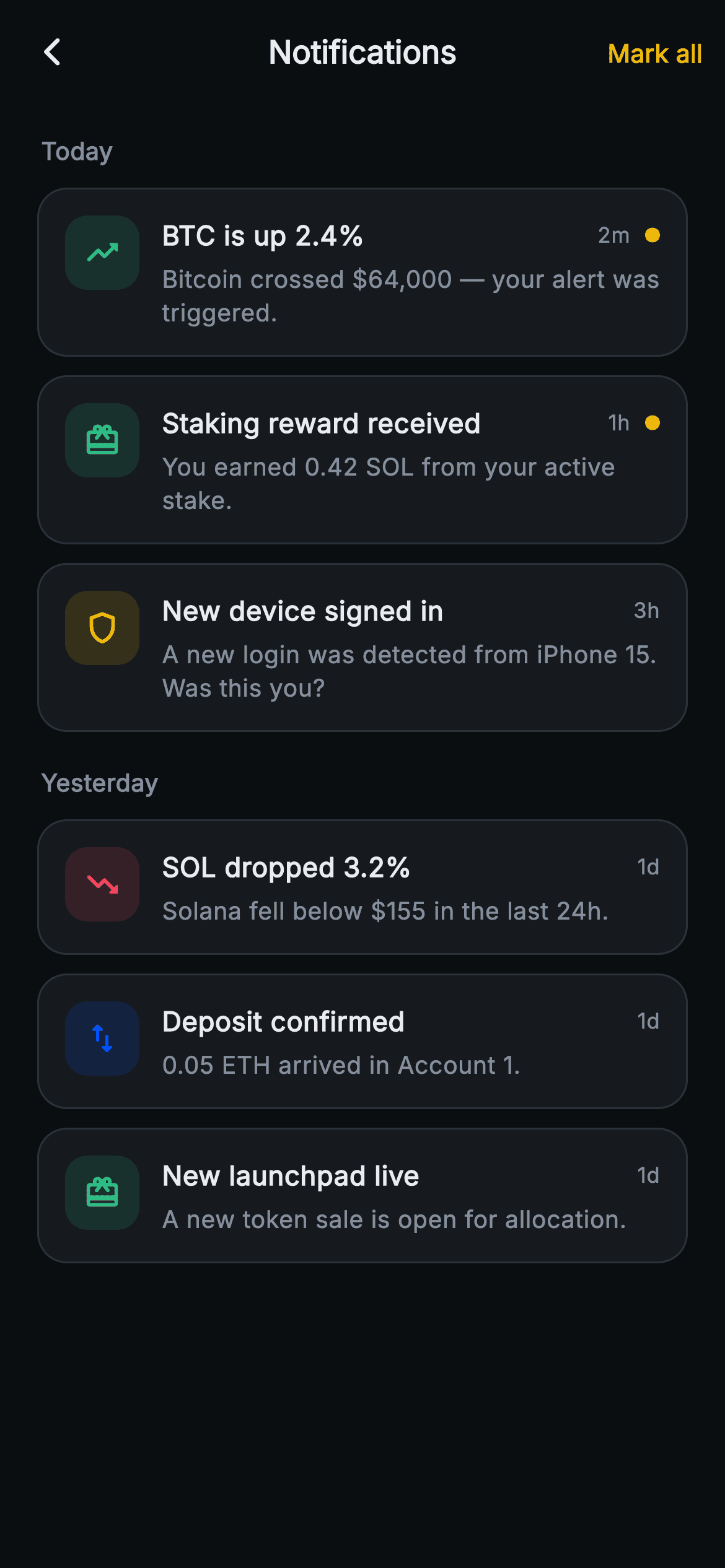 Aurum · Notifications — Web3 Flutter screen
