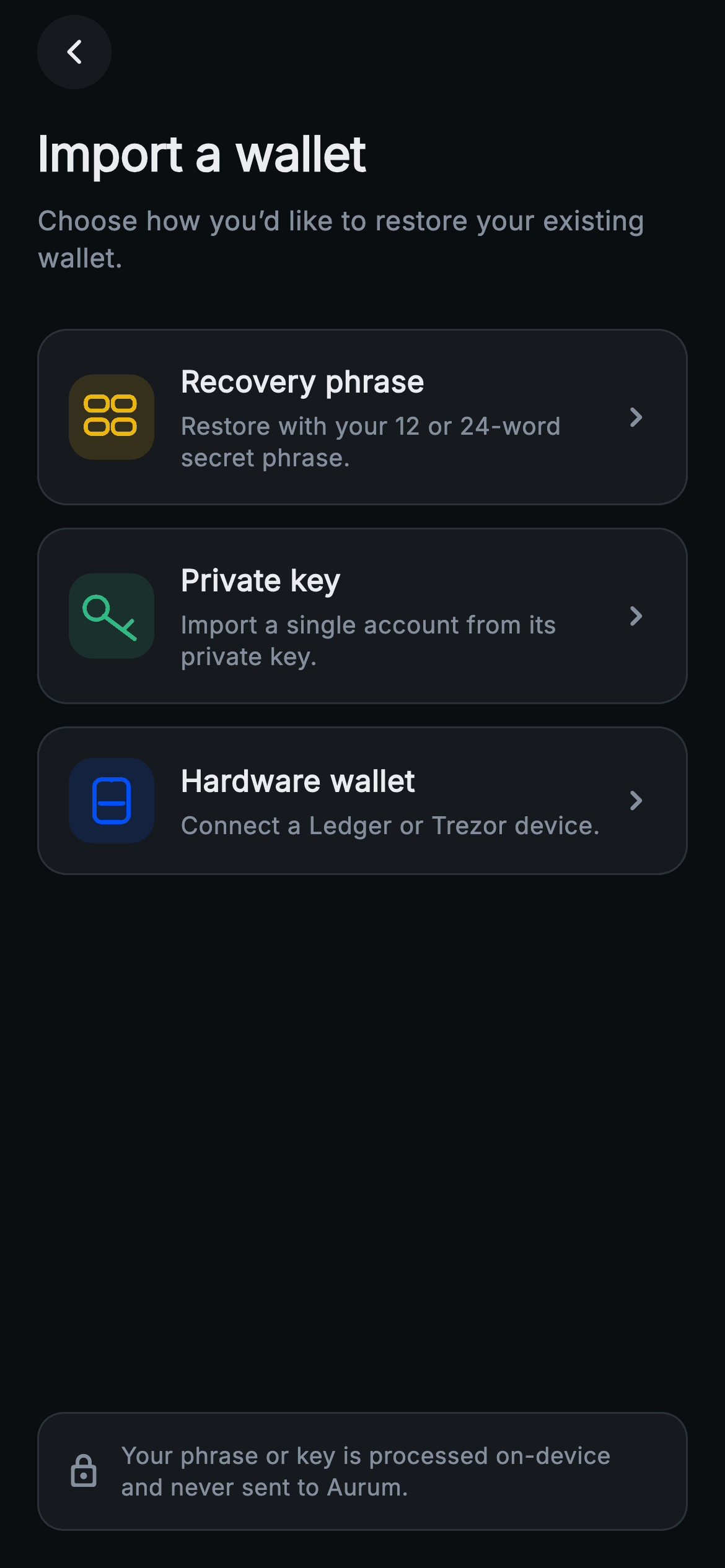 Aurum · Import Wallet — Web3 Flutter screen