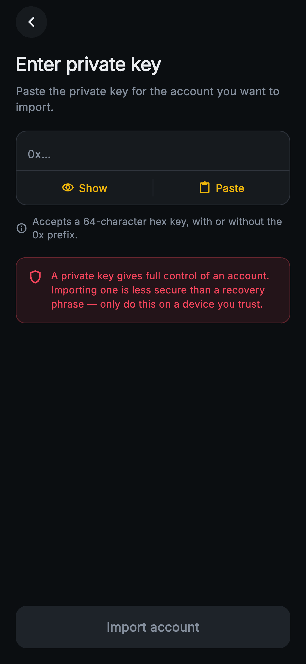 Aurum · Enter Private Key — Web3 Flutter screen