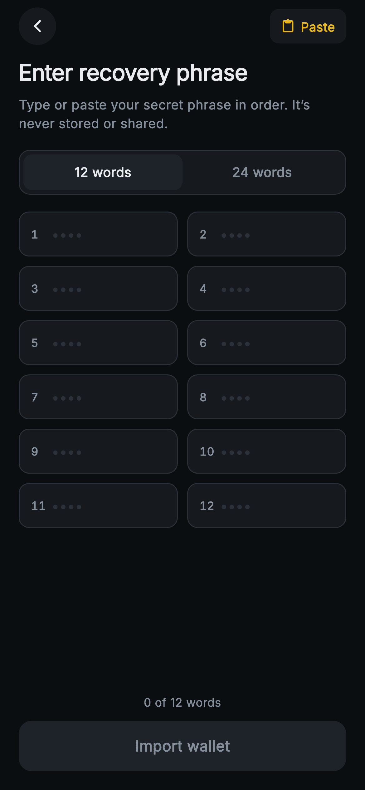 Aurum · Enter Recovery Phrase — Web3 Flutter screen