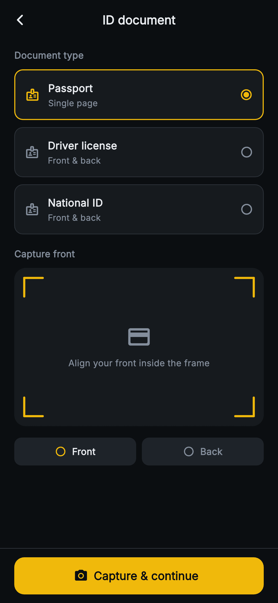 Aurum · ID Document — Web3 Flutter screen