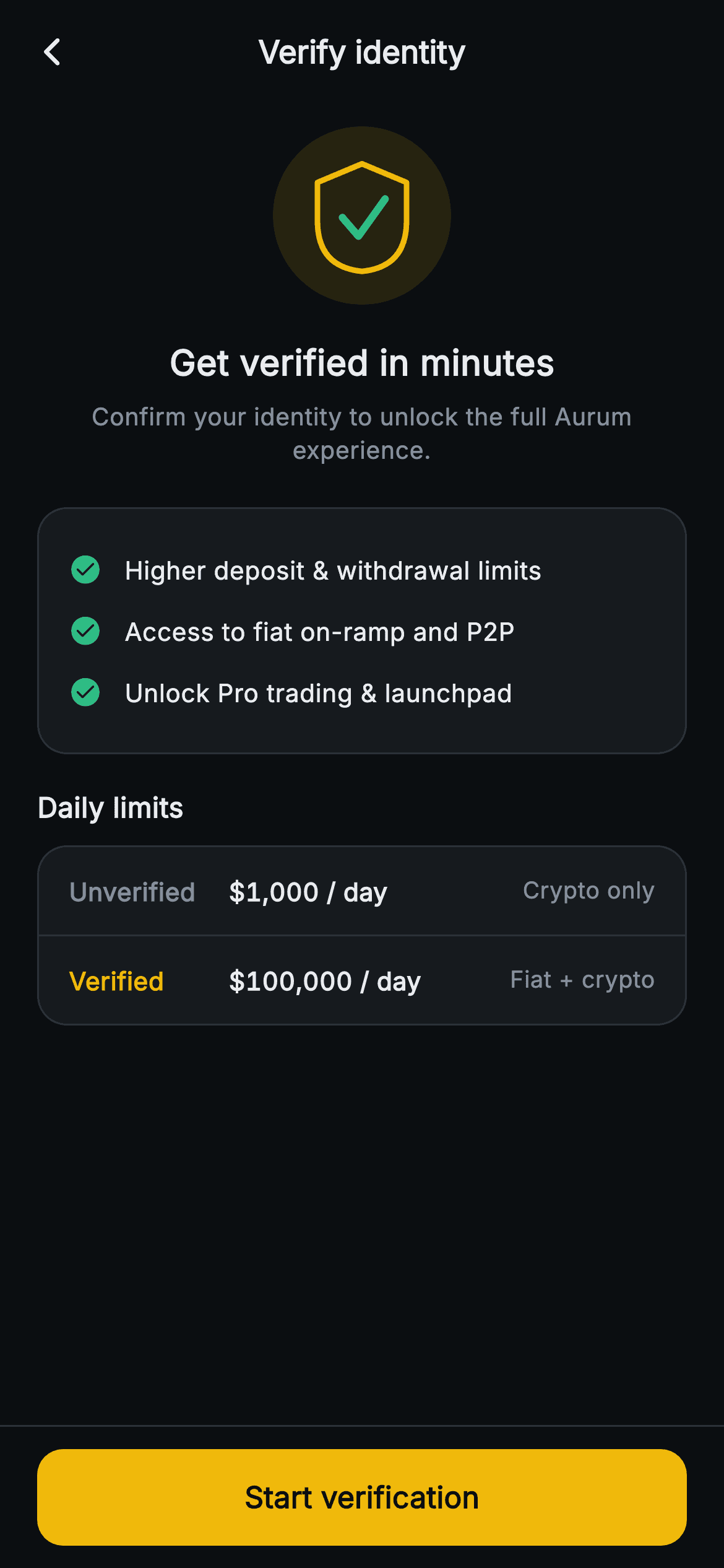 Aurum · Verify Identity — Web3 Flutter screen