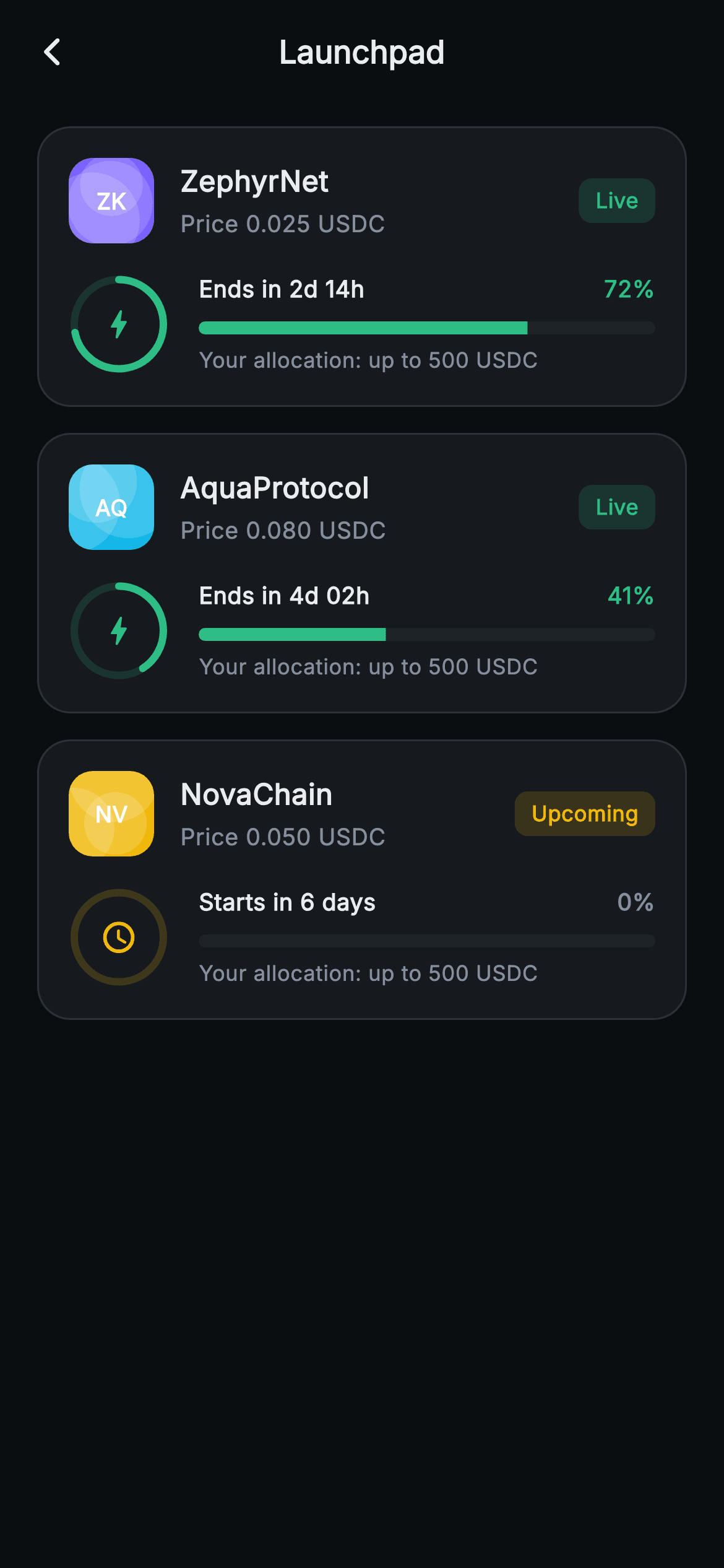 Aurum · Launchpad — Web3 Flutter screen