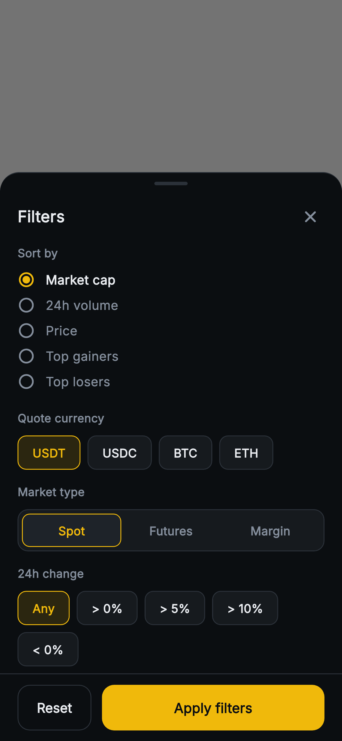 Aurum · Market Filters — Web3 Flutter screen
