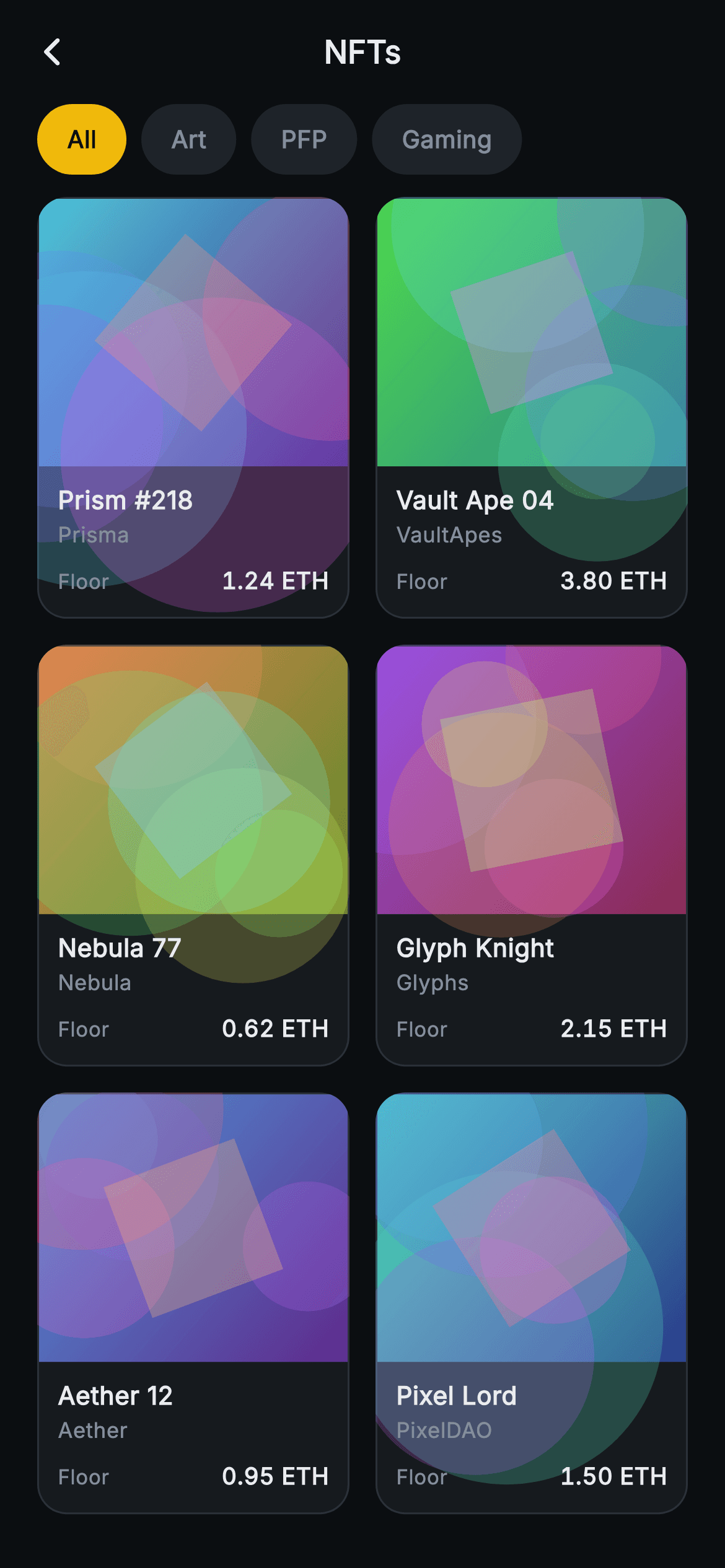 Aurum · NFTs — Web3 Flutter screen