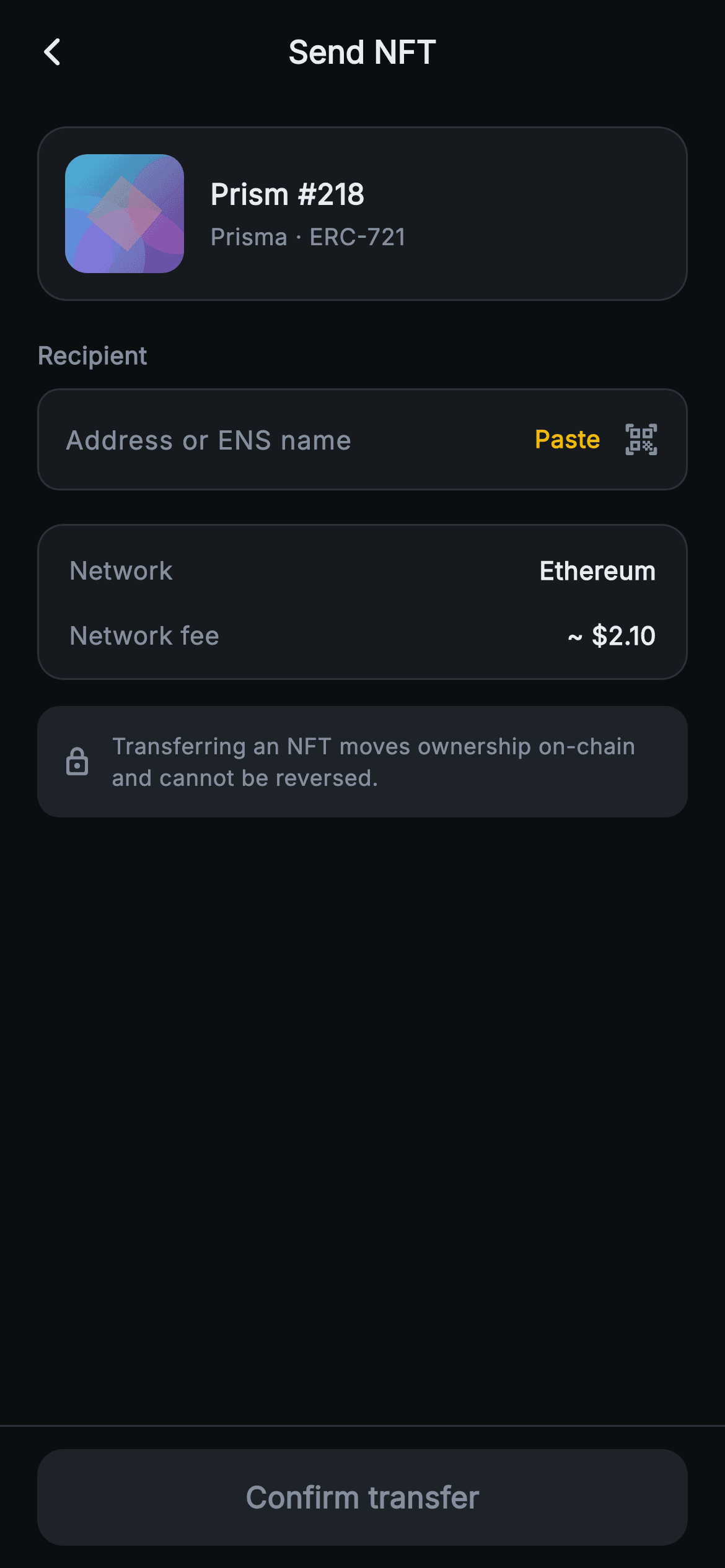 Aurum · Send NFT — Web3 Flutter screen