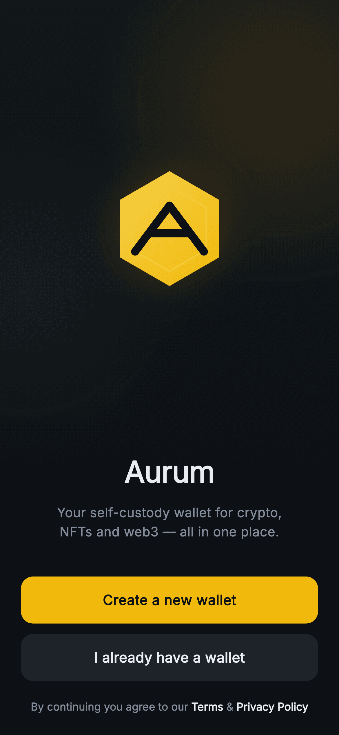 Aurum · Welcome — Web3 Flutter UI screen