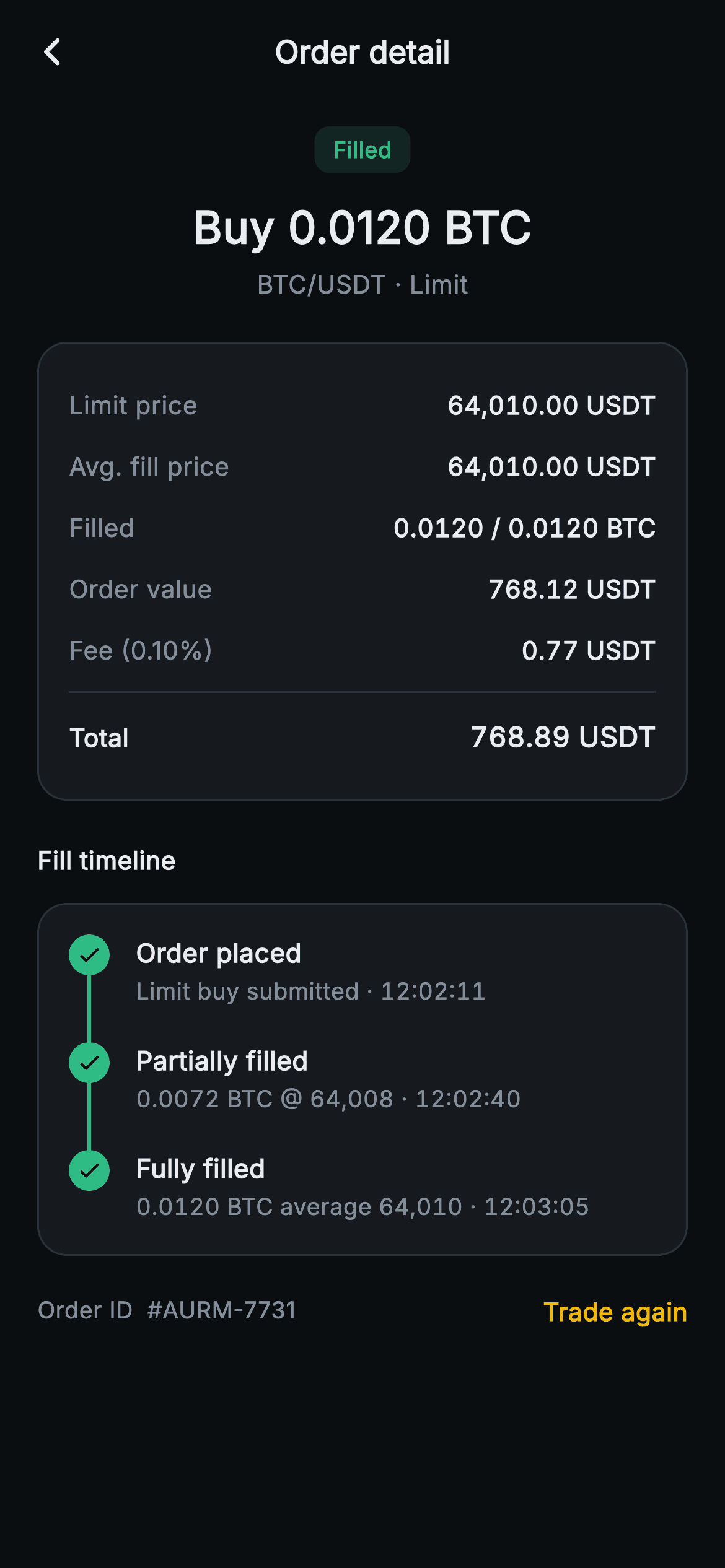 Aurum · Order Detail — Web3 Flutter screen