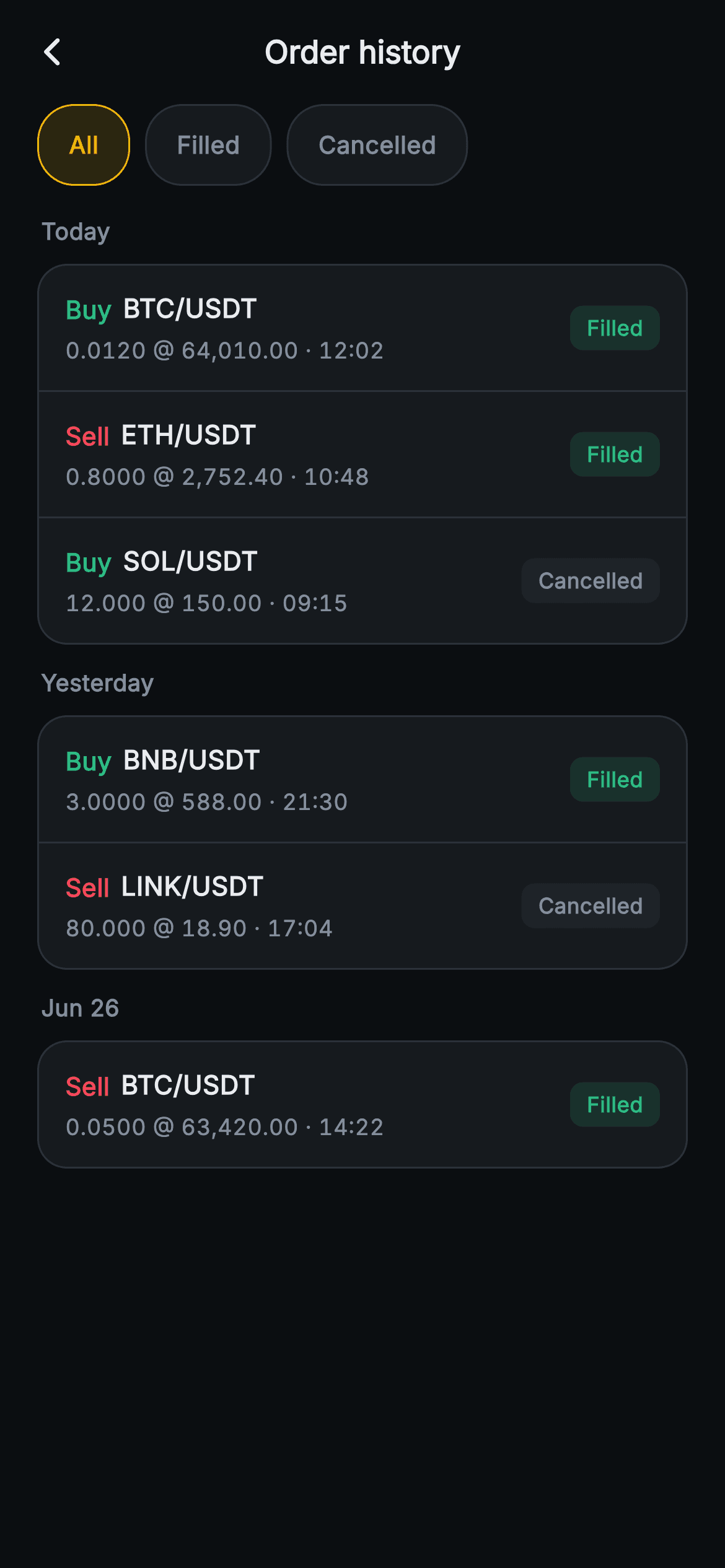 Aurum · Order History — Web3 Flutter screen