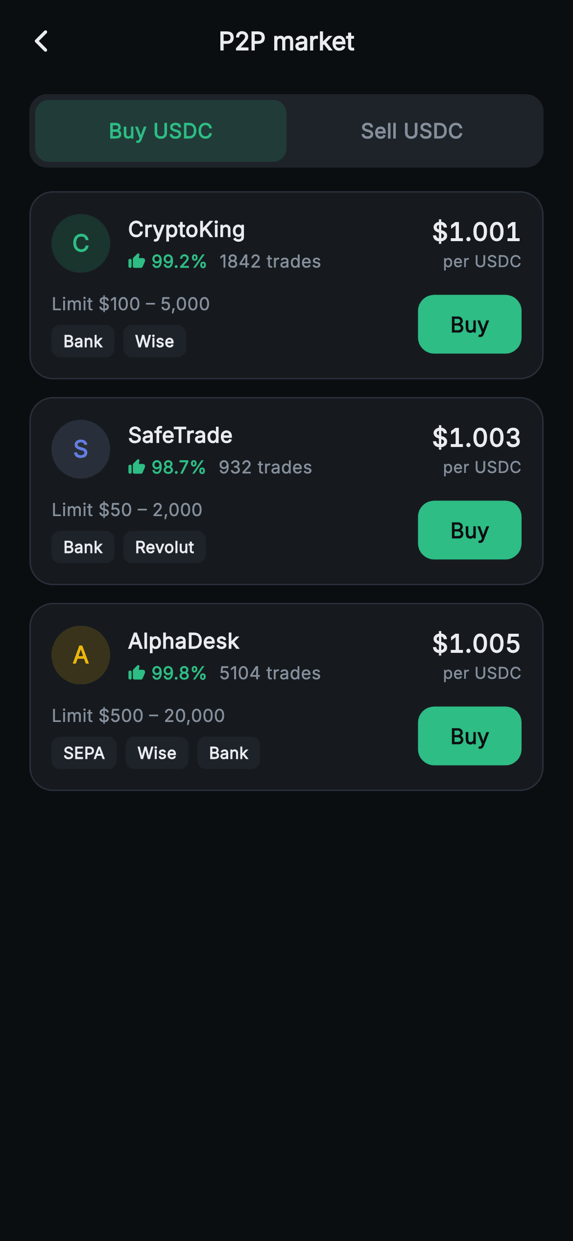 Aurum · P2P Market — Web3 Flutter screen